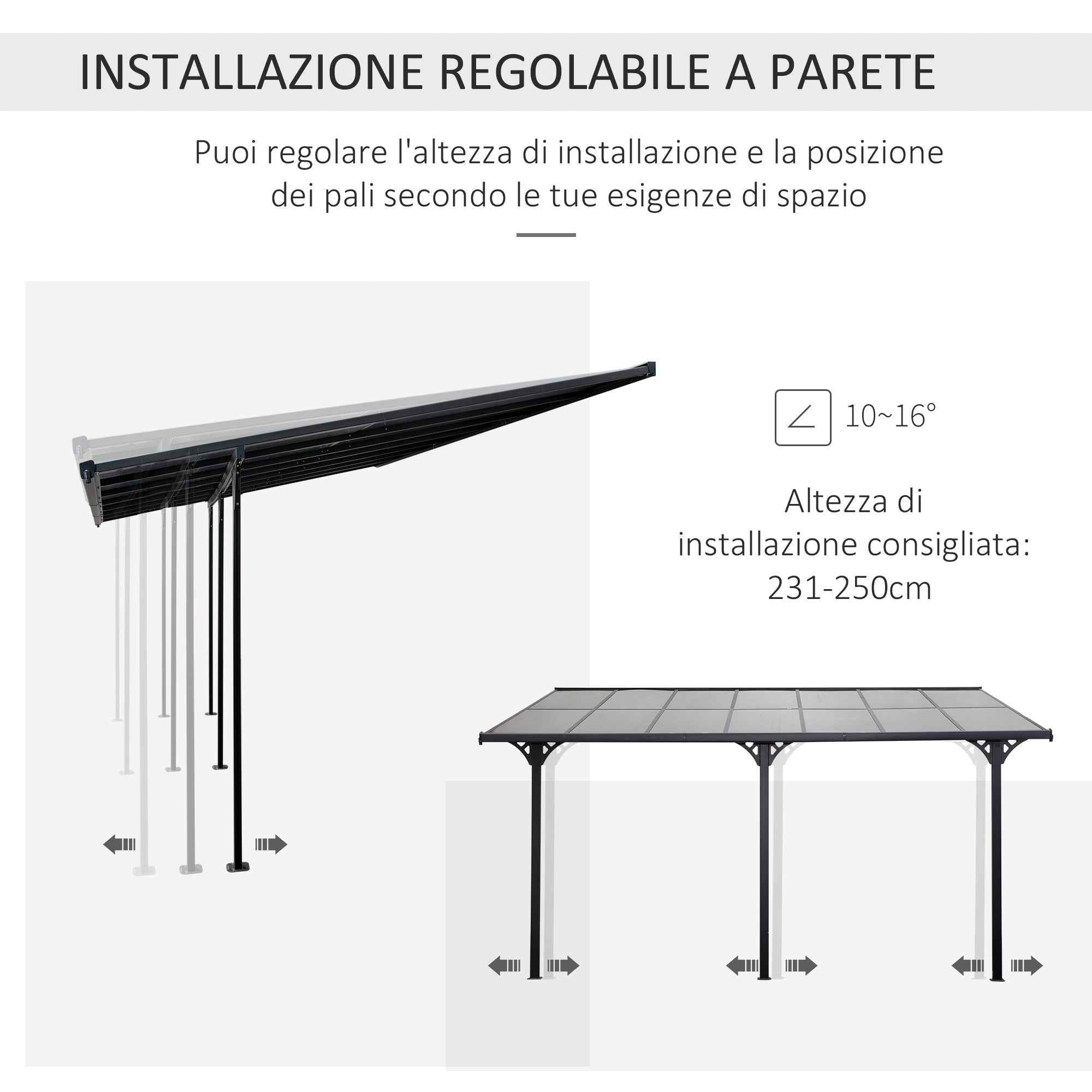 Outsunny 4.4x3m Adjustable Garden Pergola in Polycarbonate and Aluminum, Grey