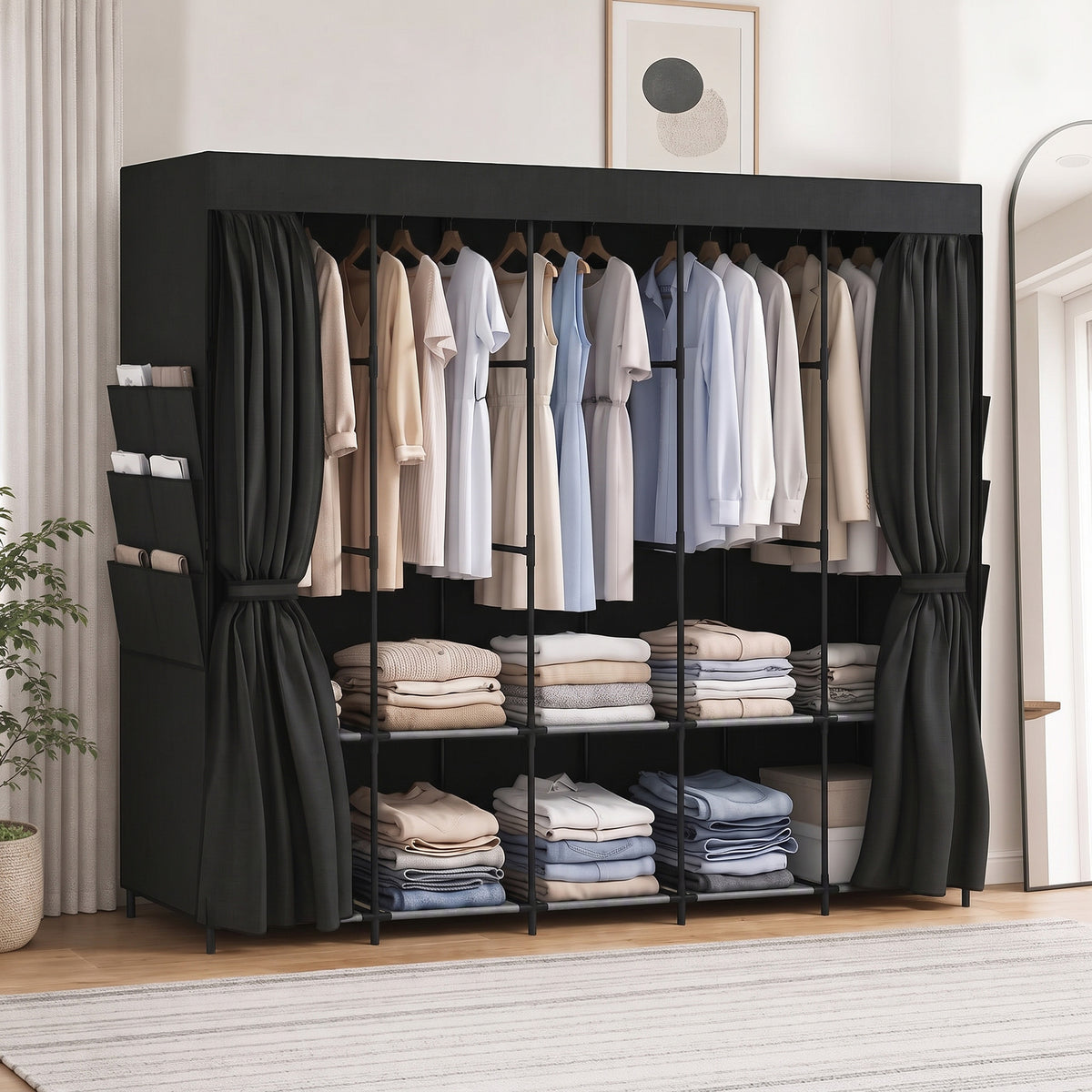 HOMCOM Space-Saving Fabric Wardrobe with 5 Rods, 5 Shelves, 6 Side Pockets, Dustproof Doors with Zip, Black