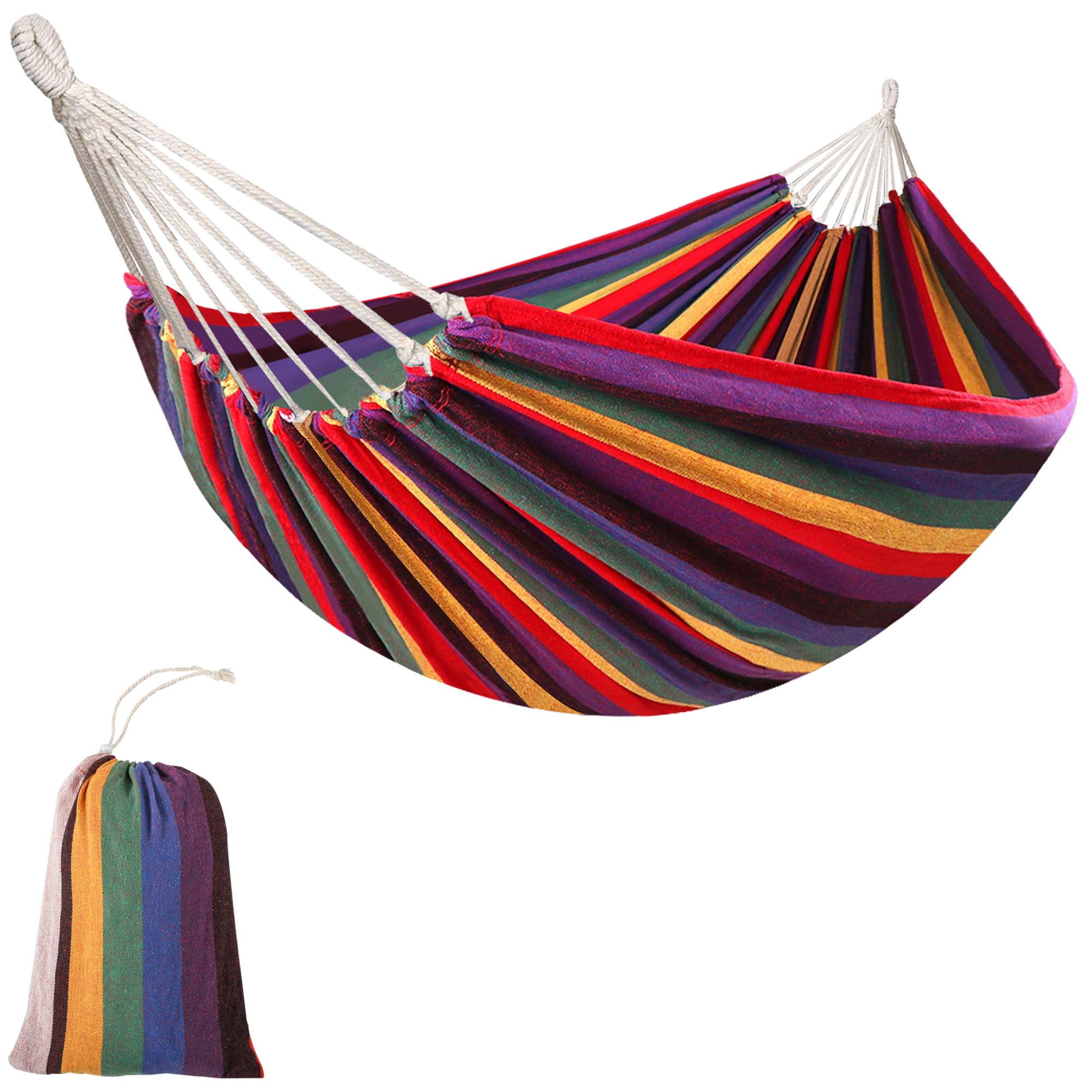 Outsunny Extra Large Cotton and Polyester Garden Hammock with Carry Bag, 200x150cm, Multicolored Stripes