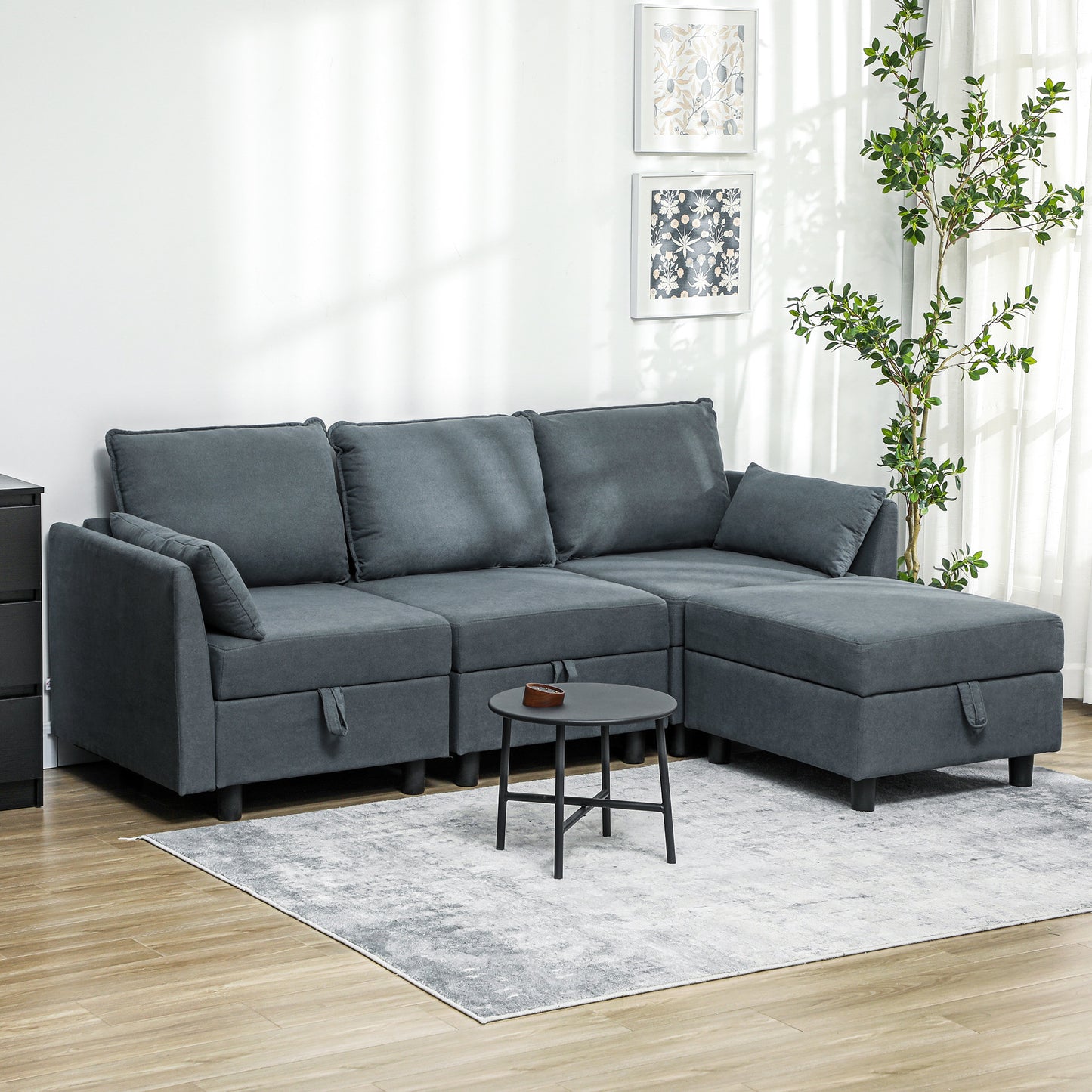 Modern  3 Seater Modular Sectional Sofa with Footrest and Cushions, Flannel Upholstery, Dark Grey