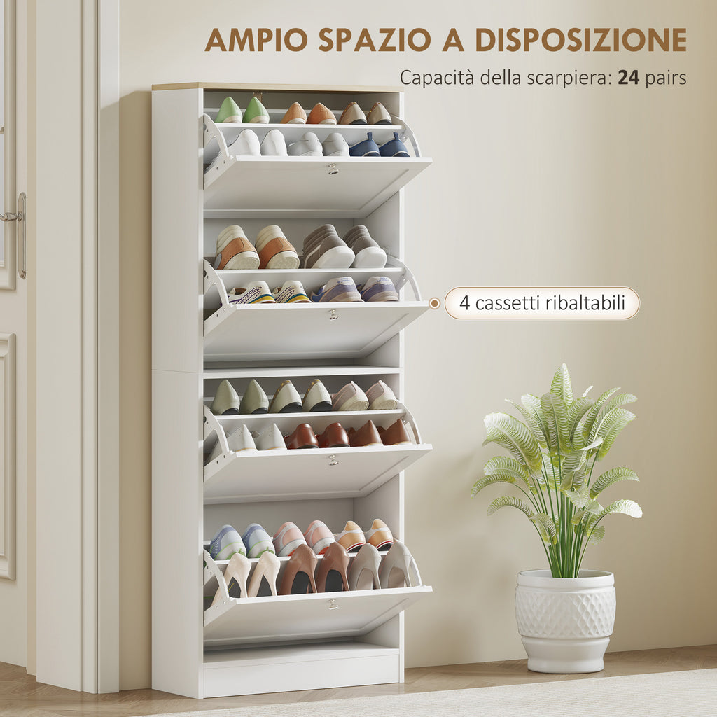 HOMCOM Space-Saving 4-Drawer Shoe Rack with 2-Tier Adjustable Shelves, 60x23.5x153.3 cm, White