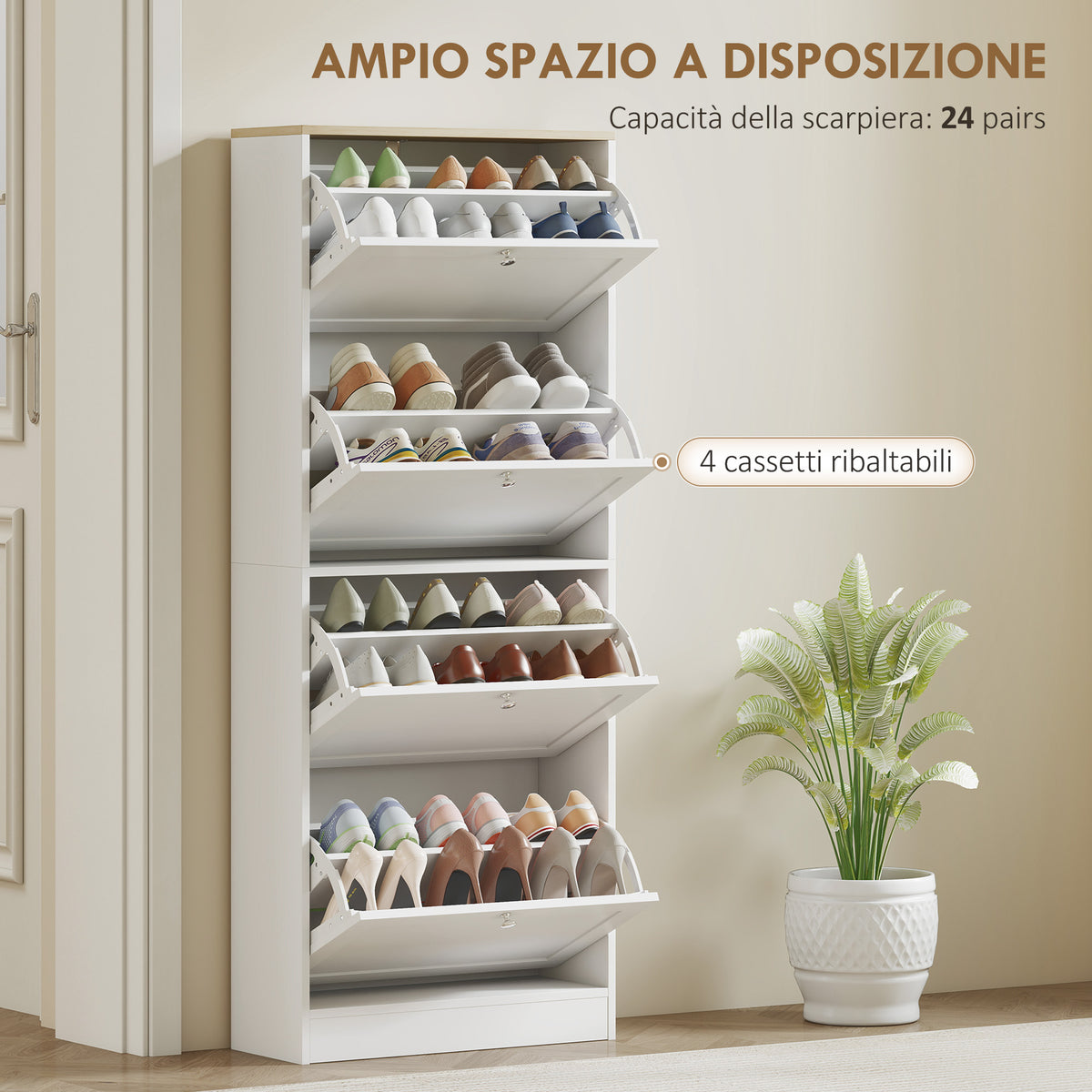 HOMCOM Space-Saving 4-Drawer Shoe Rack with 2-Tier Adjustable Shelves, 60x23.5x153.3 cm, White