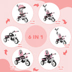 Kids Tricycle with 6-in-1 Handle, Adjustable Canopy and Safety Belt, Ages 1-5 Years, Pink