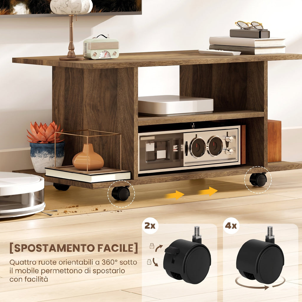 HOMCOM Modern TV Stand with Shelves, Swivel Wheels and Brakes, 80x40x40 cm, Walnut Color