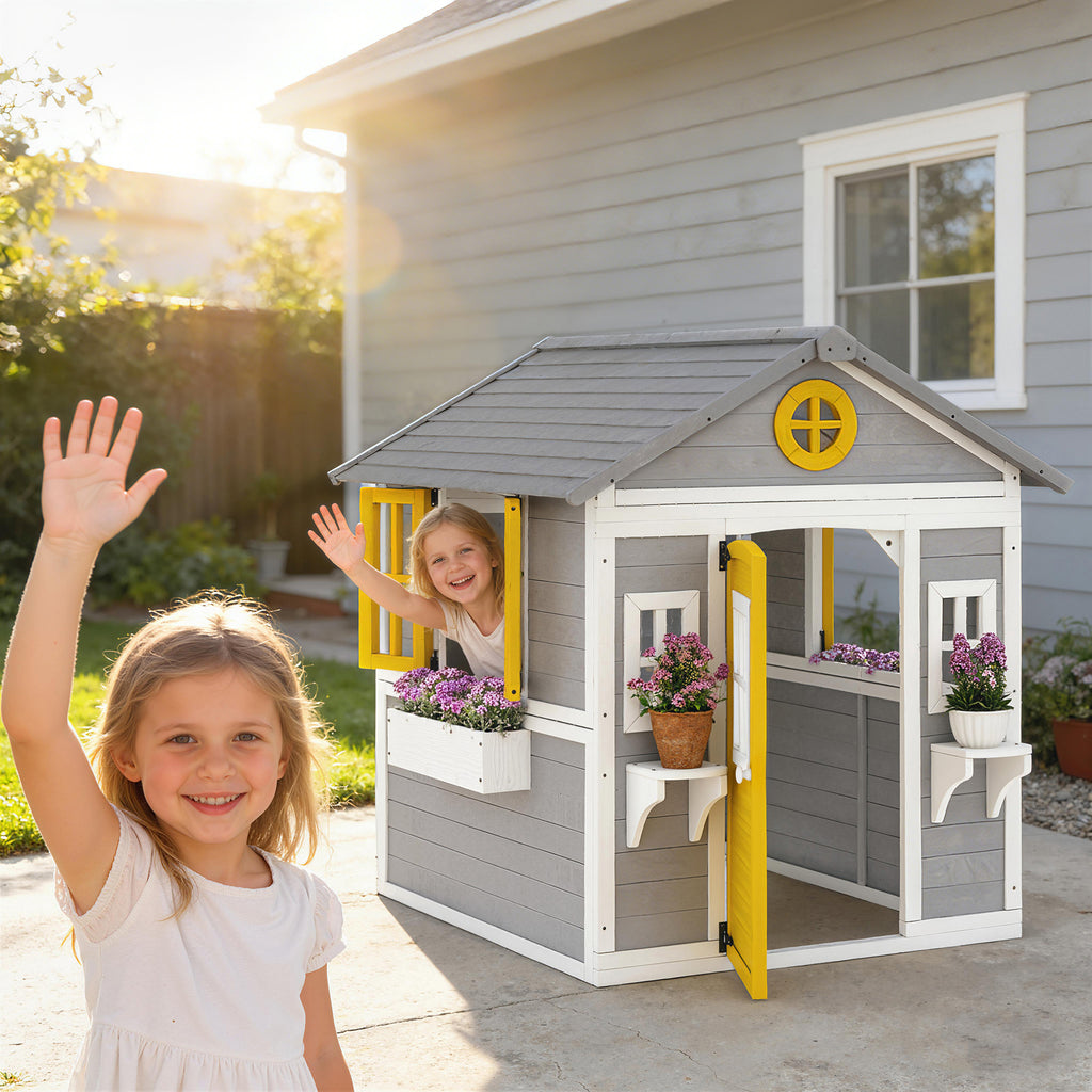 Outsunny Wooden Garden Playhouse for Children Ages 3-8 with Windows, Sloped Roof, Pots and Planters, Grey