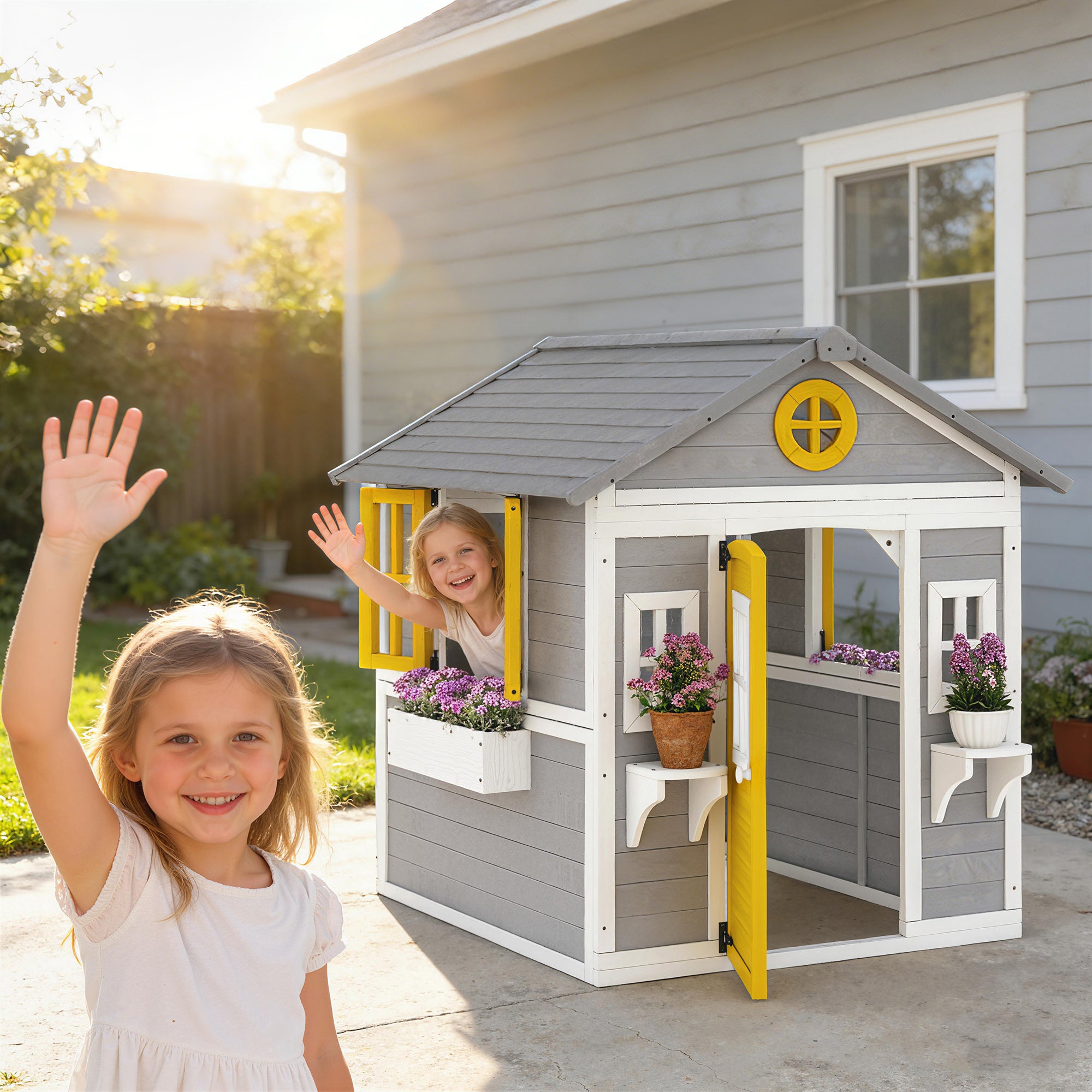 Outsunny Wooden Garden Playhouse for Children Ages 3-8 with Windows, Sloped Roof, Pots and Planters, Grey