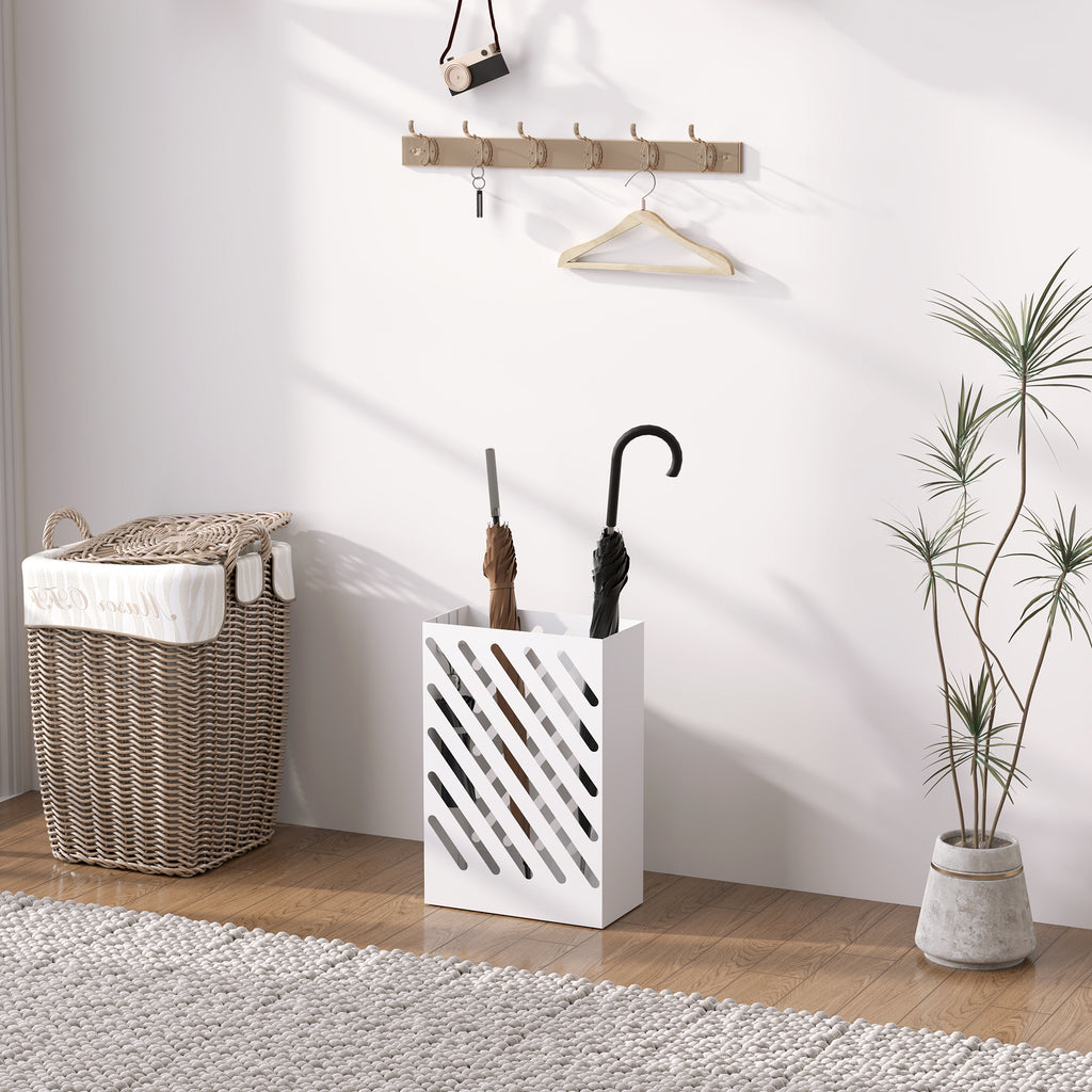 Design Umbrella Stand with Drip Tray and 4 Metal Hooks, 28x14x41 cm, White