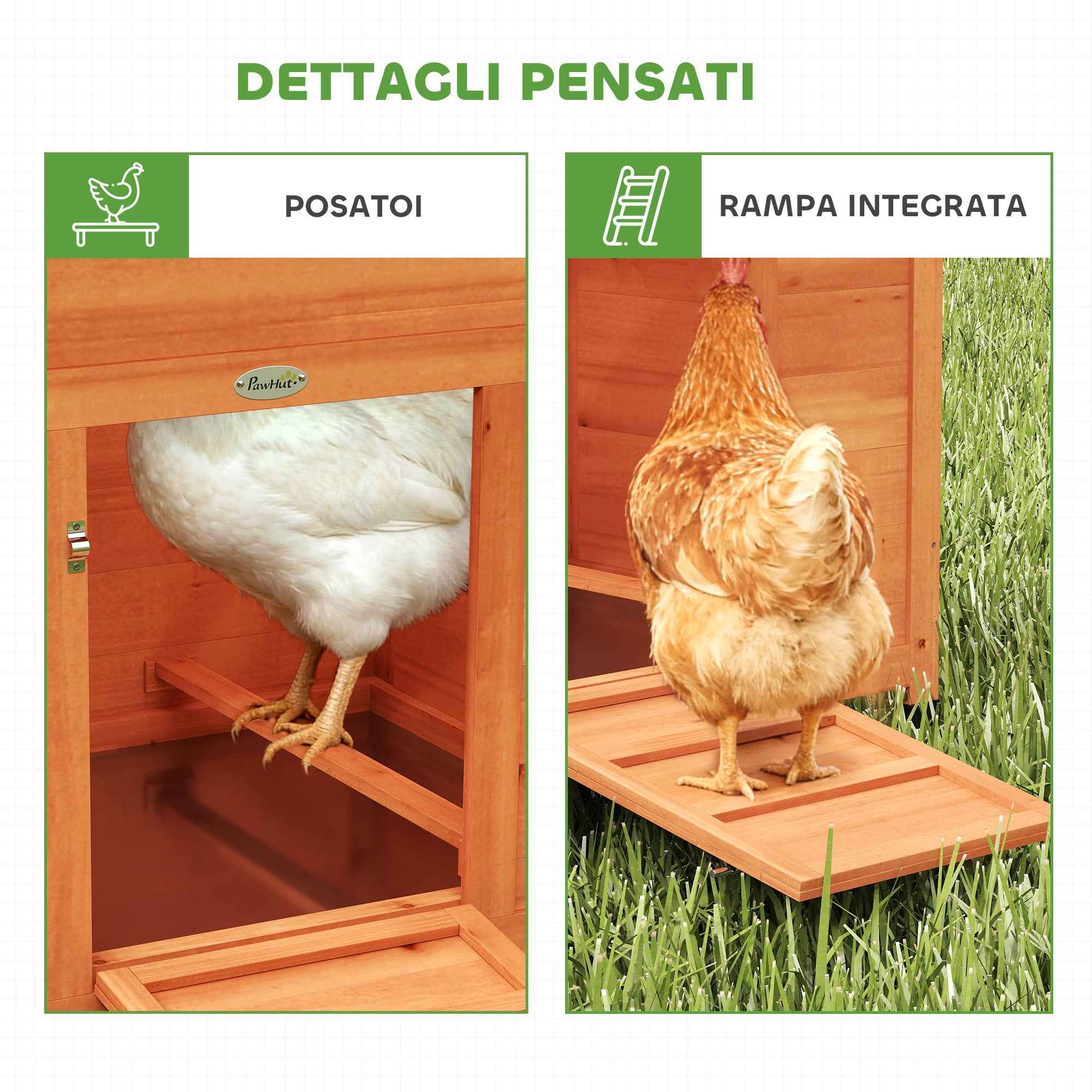 PawHut Wooden Chicken Coop with Nest, Waterproof Roof, Removable Tray, 2 Perches, Ramp, Window, for 2 Chickens, Ducks, Orange