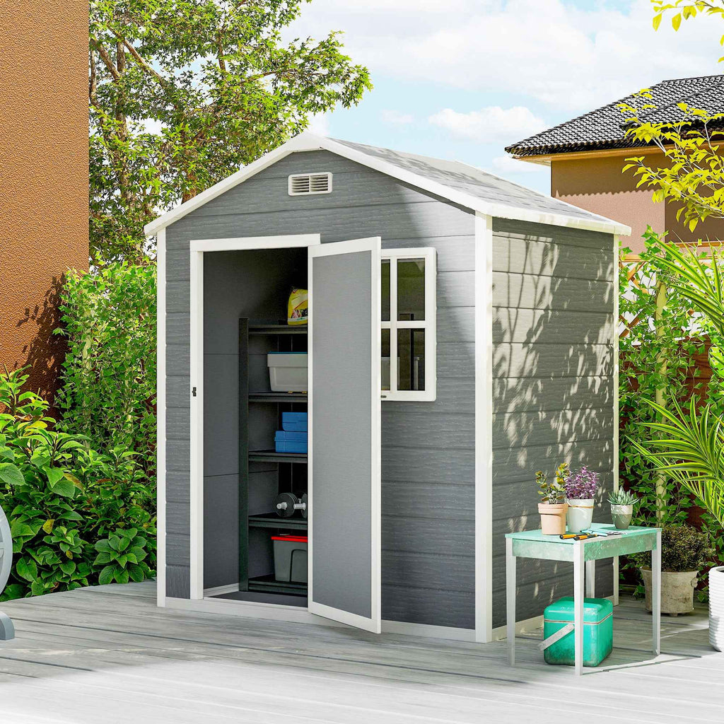 Outsunny Garden Shed, Plastic Storage Shed with Floor, Window, Lockable Door and Vents, Grey