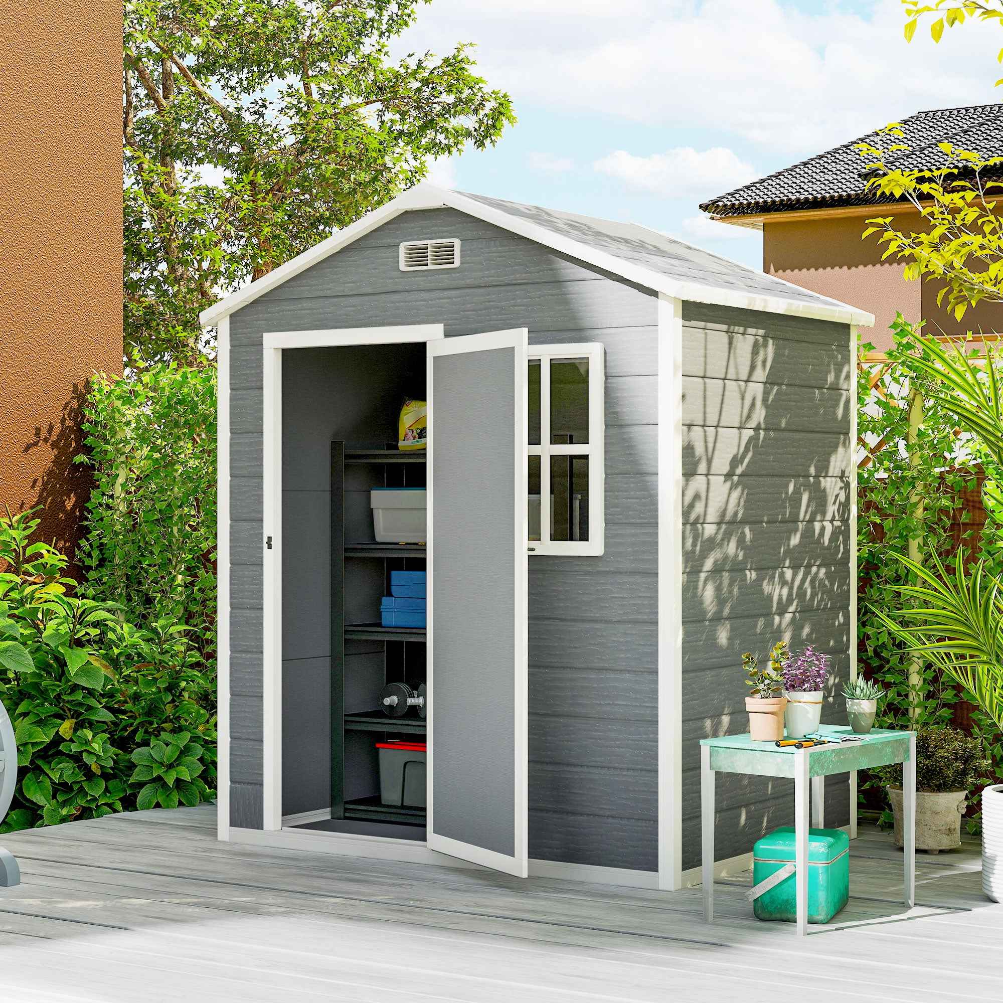 Outsunny Garden Shed, Plastic Storage Shed with Floor, Window, Lockable Door and Vents, Grey