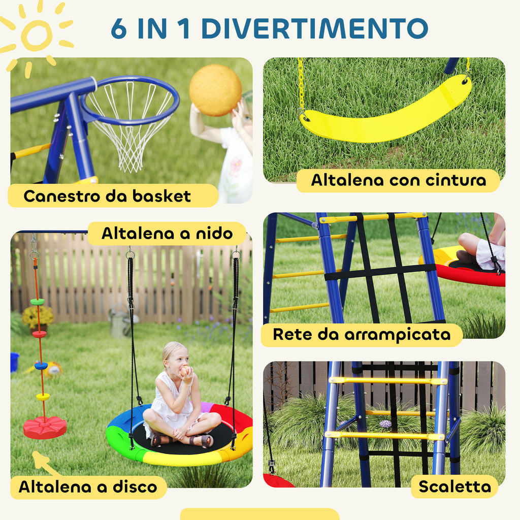 Children's Play Set 3-8 Years with 3 Swings, Rope Ladder and Basketball Hoop, in Steel, PE and PP, 3.5x1.8x2 m