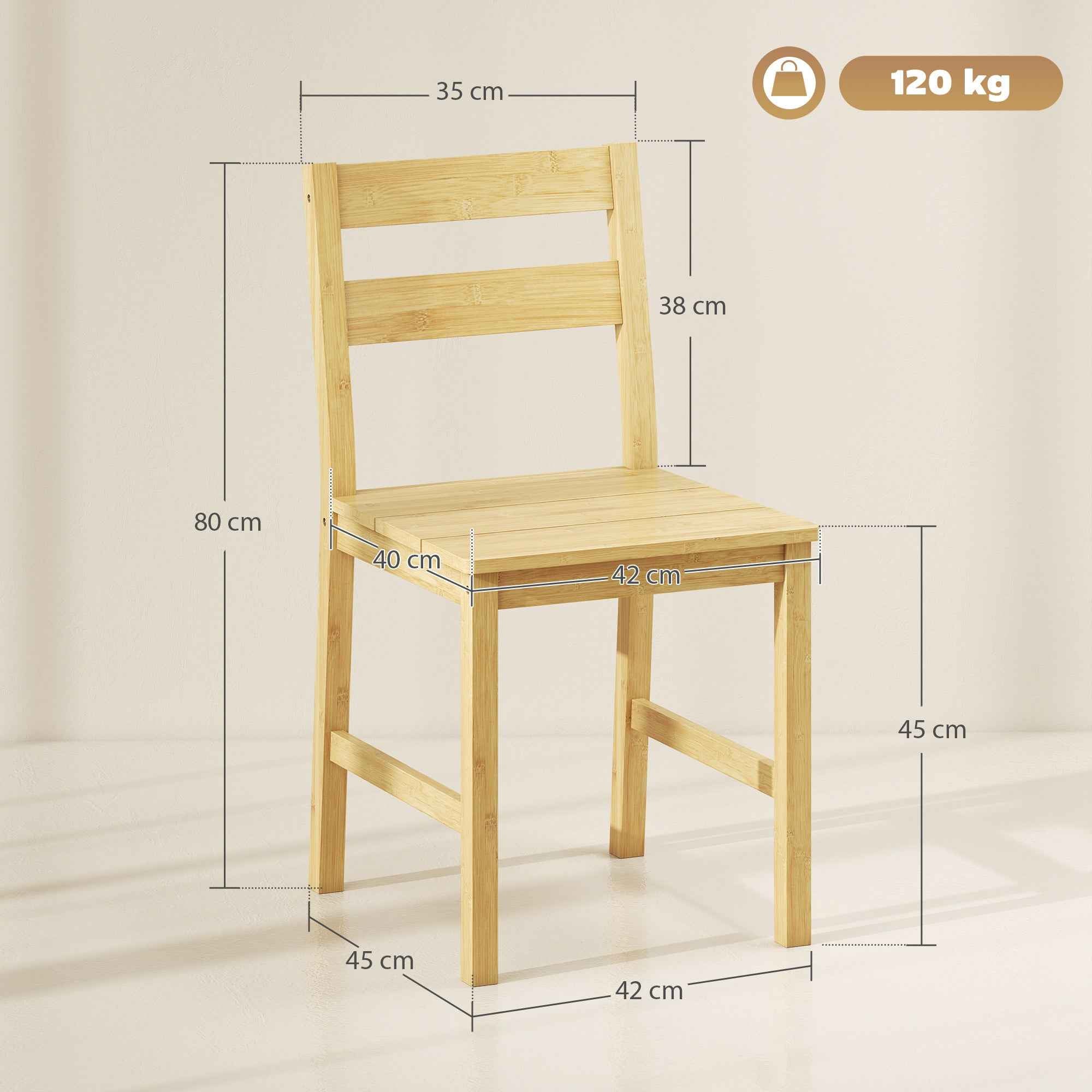 Set of 2 Bamboo Dining Chairs with Curved Backrest and Slatted Seat, Natural Wood Color