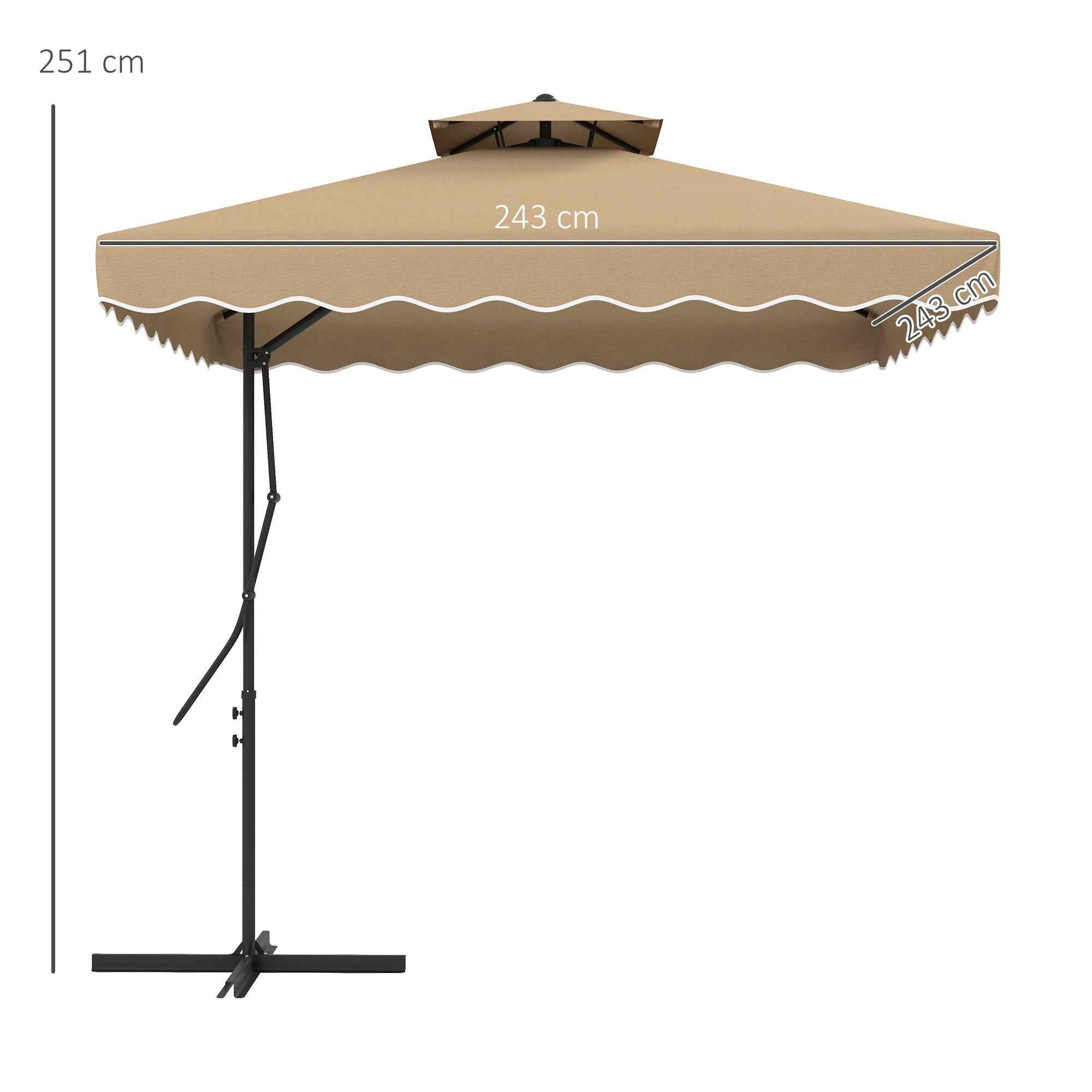Outsunny Cantilever Umbrella with Double Roof, Crank Opening and Cross Base, 2.5x2.5m, Khaki