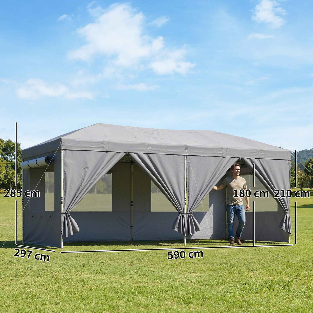 Outsunny 3x6m Pop Up Folding Gazebo with 6 Side Walls, Sandbags, Wheeled Bag, UV50+, Dark Grey
