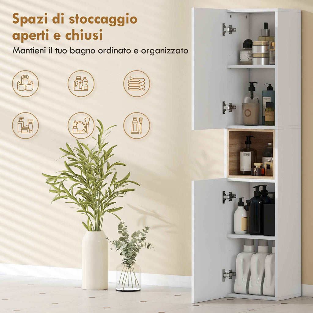 HOMCOM 2-Door Bathroom Cabinet with Open Space and Adjustable Shelves, Wooden, 30x24x140 cm, White