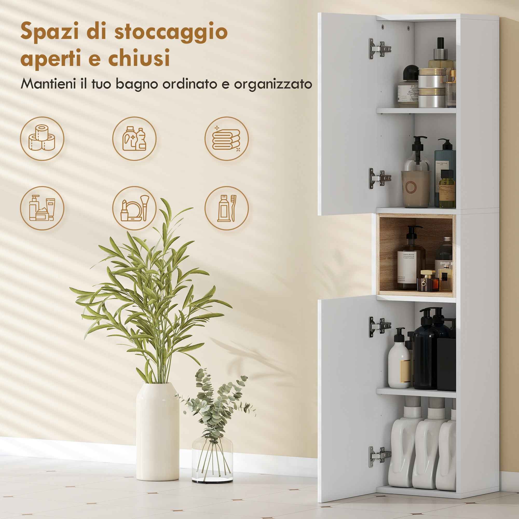 HOMCOM 2-Door Bathroom Cabinet with Open Space and Adjustable Shelves, Wooden, 30x24x140 cm, White