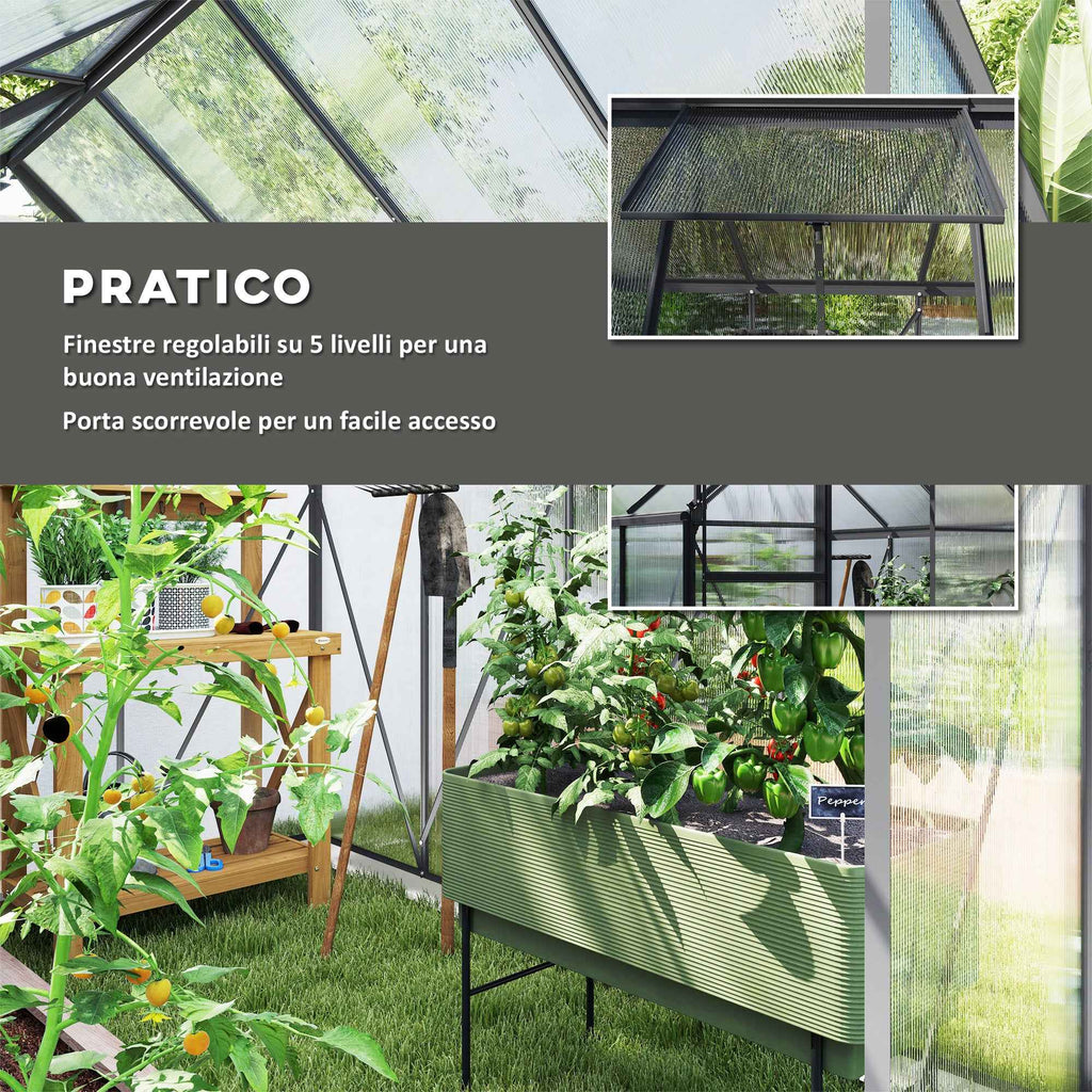 Outsunny Polycarbonate and Aluminum Greenhouse with Opening Window and Sliding Door, 190x253x199 cm, Dark Gray