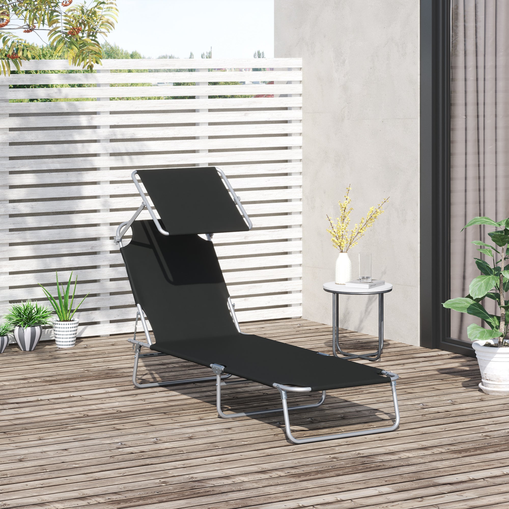 Outsunny Folding and Adjustable Garden Sun Lounger with Black Fabric Canopy, 187x58x50 cm