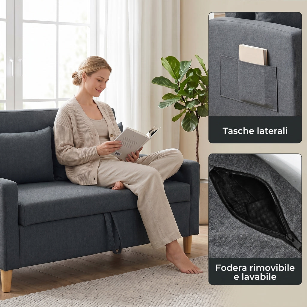 HOMCOM 2-Seater Sofa with Storage Space and Cushions, in Linen and Wood Effect Fabric, 135x72x84 cm, Dark Grey