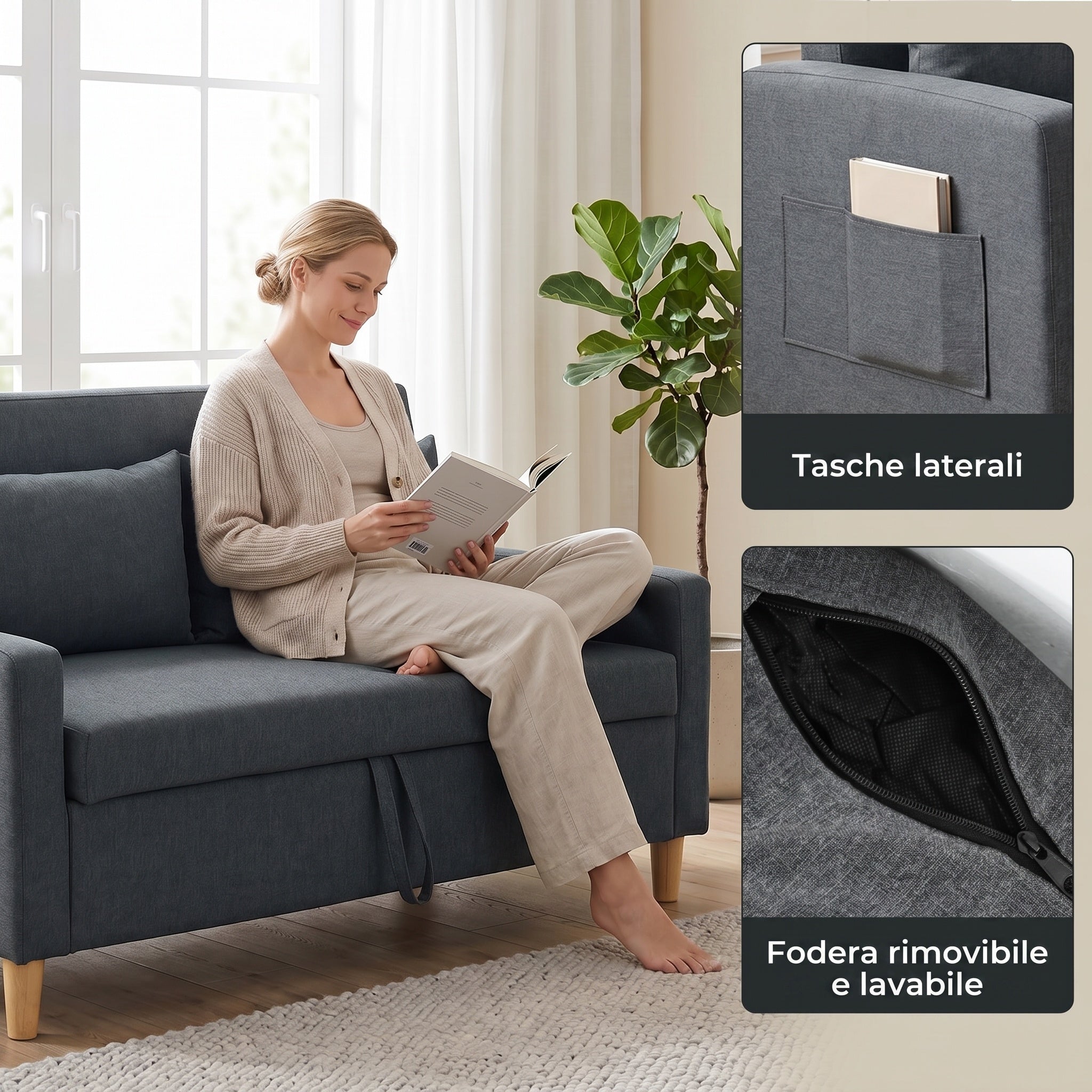 HOMCOM 2-Seater Sofa with Storage Space and Cushions, in Linen and Wood Effect Fabric, 135x72x84 cm, Dark Grey