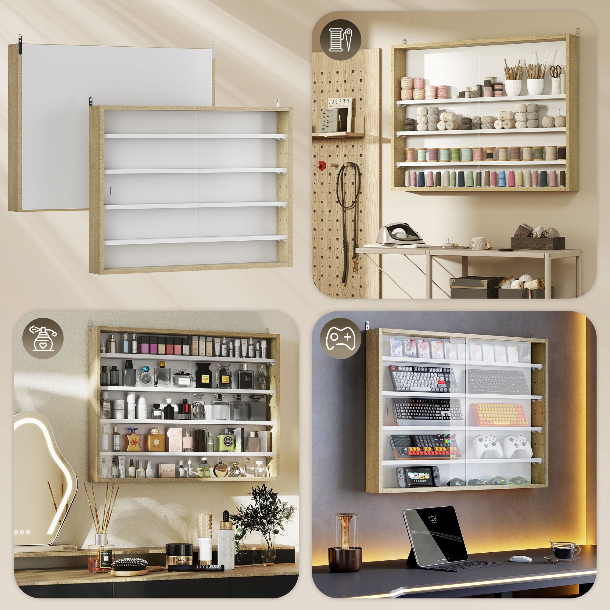 4-Tier Adjustable Wooden Notice Board with Glass Doors, 80x9.5x60 cm, White and Wood Color