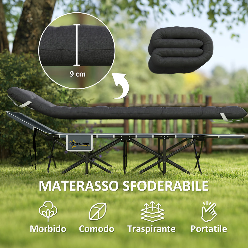 Folding Camping Cot with Inclined Headrest and Removable Mattress, 196x68x37 cm, Black
