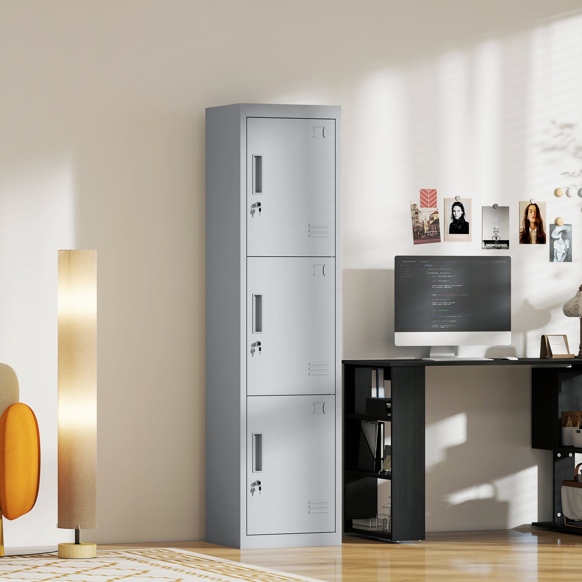 3-Door Steel Office Cabinet with Lock and 2 Keys, 45x38x180cm, Light Grey