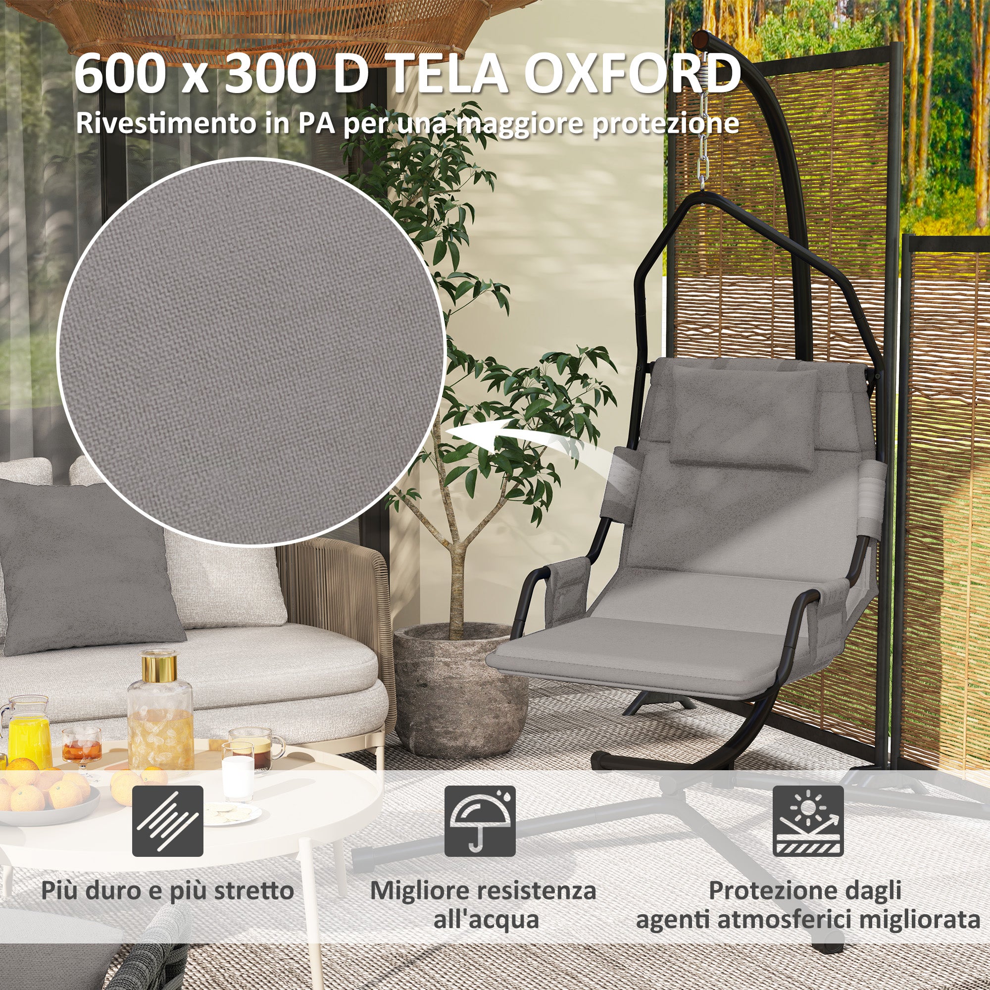 Padded Swing Hammock with Cushion, Hook and Chain, Steel and Polyester, 118x98x192 cm, Grey and Black