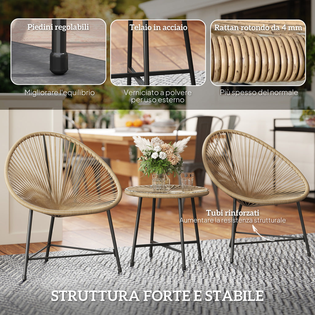 3 Piece PE Rattan and Steel Garden Set with 2 Oval Chairs and Coffee Table, Black and Wood Color