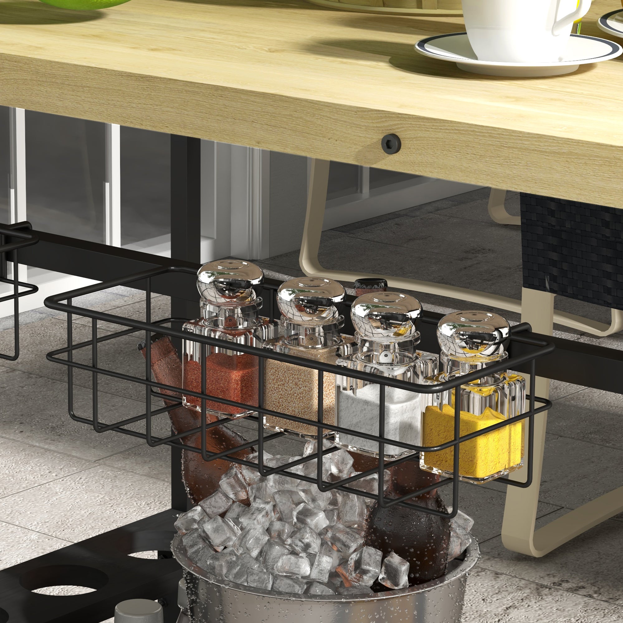 Garden trolley with 2 shelves, 2 baskets and 4 bottle holder spaces, in fir wood, 97.5x65x81 cm - Borgè
