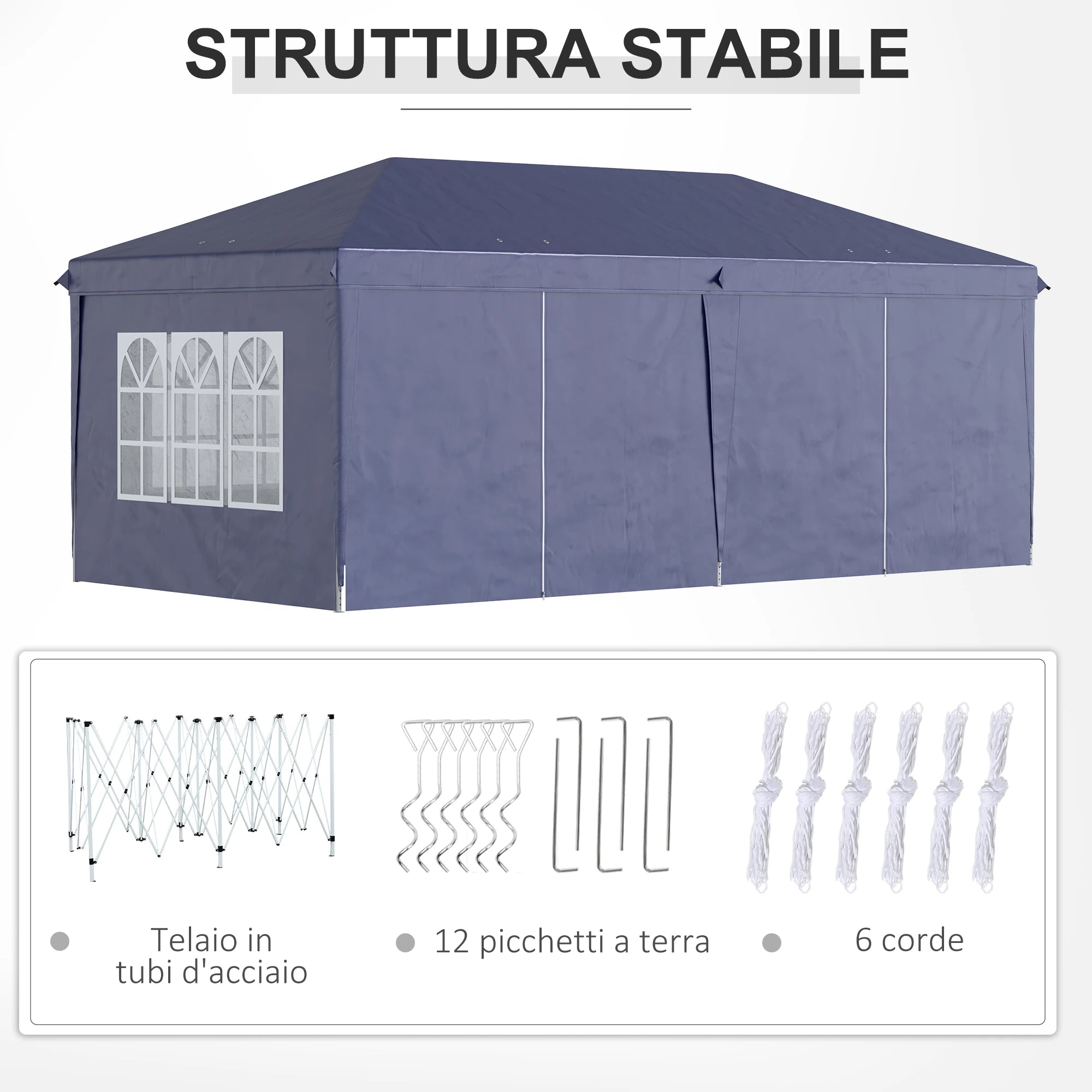 Gazebo 6x3 m Folding Garden, Steel and Polyester with 6 Side Panels, Blue - Borge' Group Limited