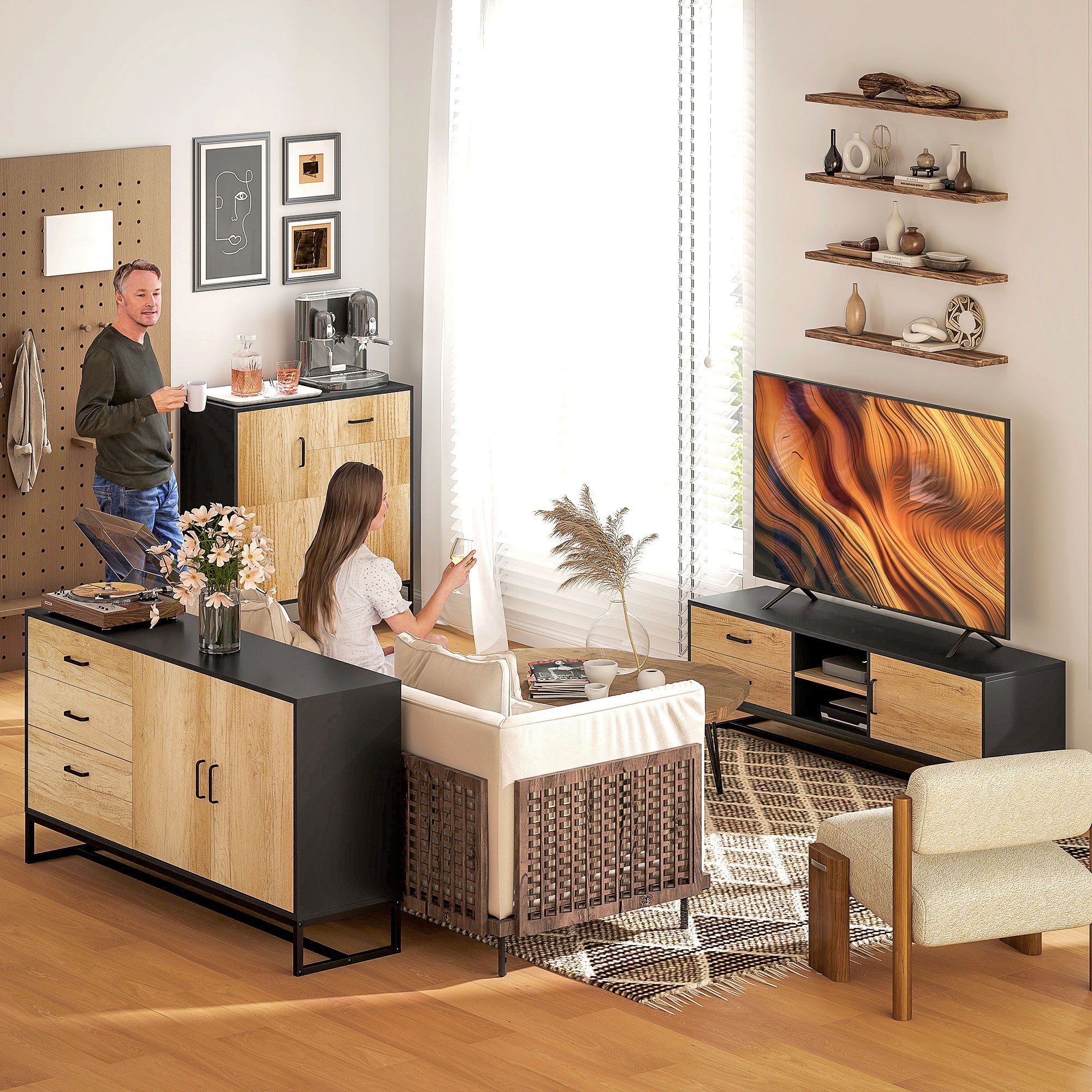 Modern Sideboard with 3 Drawers and a Kitchen Cabinet 2 Soft-Close Doors with Adjustable Shelf