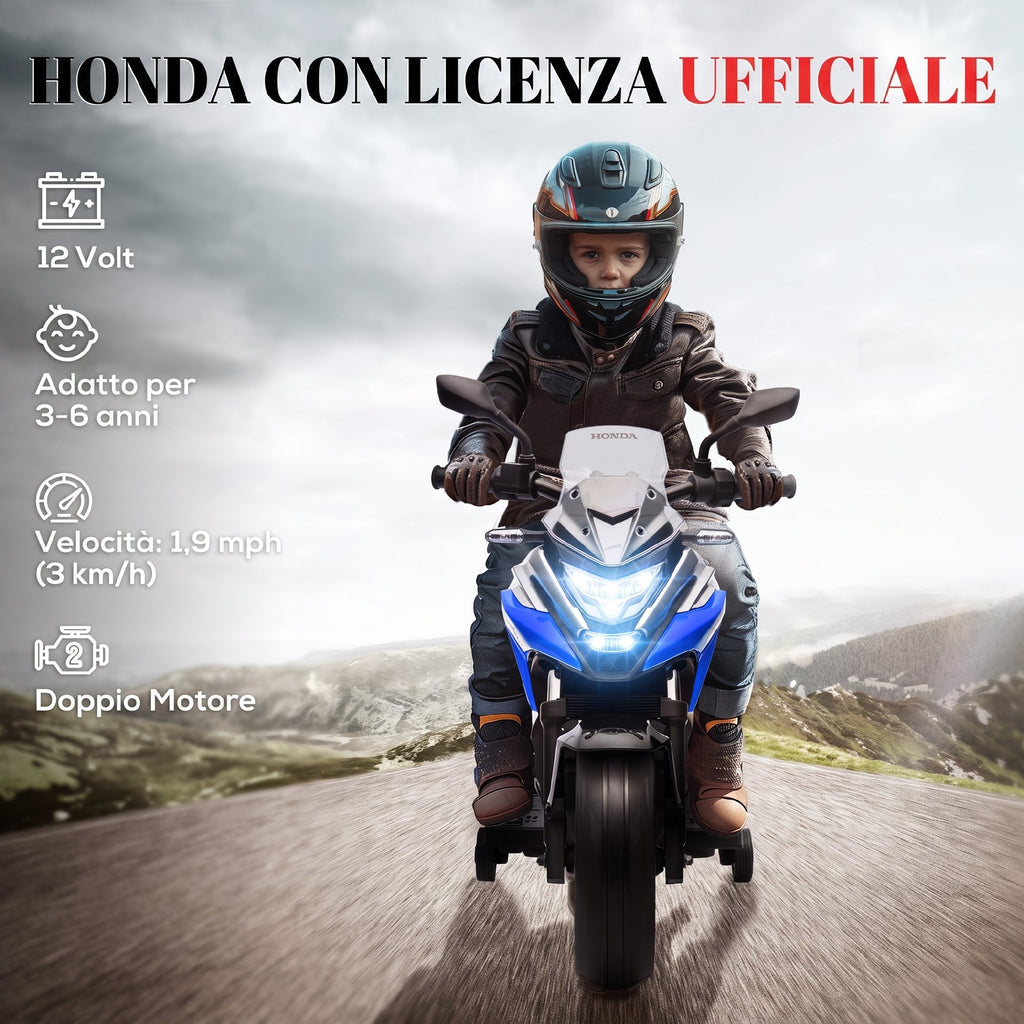 AIYAPLAY Electric Motorcycle for Children 3-6 Years Old, Honda Licensed, 12V Dual Motors, Wheels, 3 km/h, Max 30kg, Blue