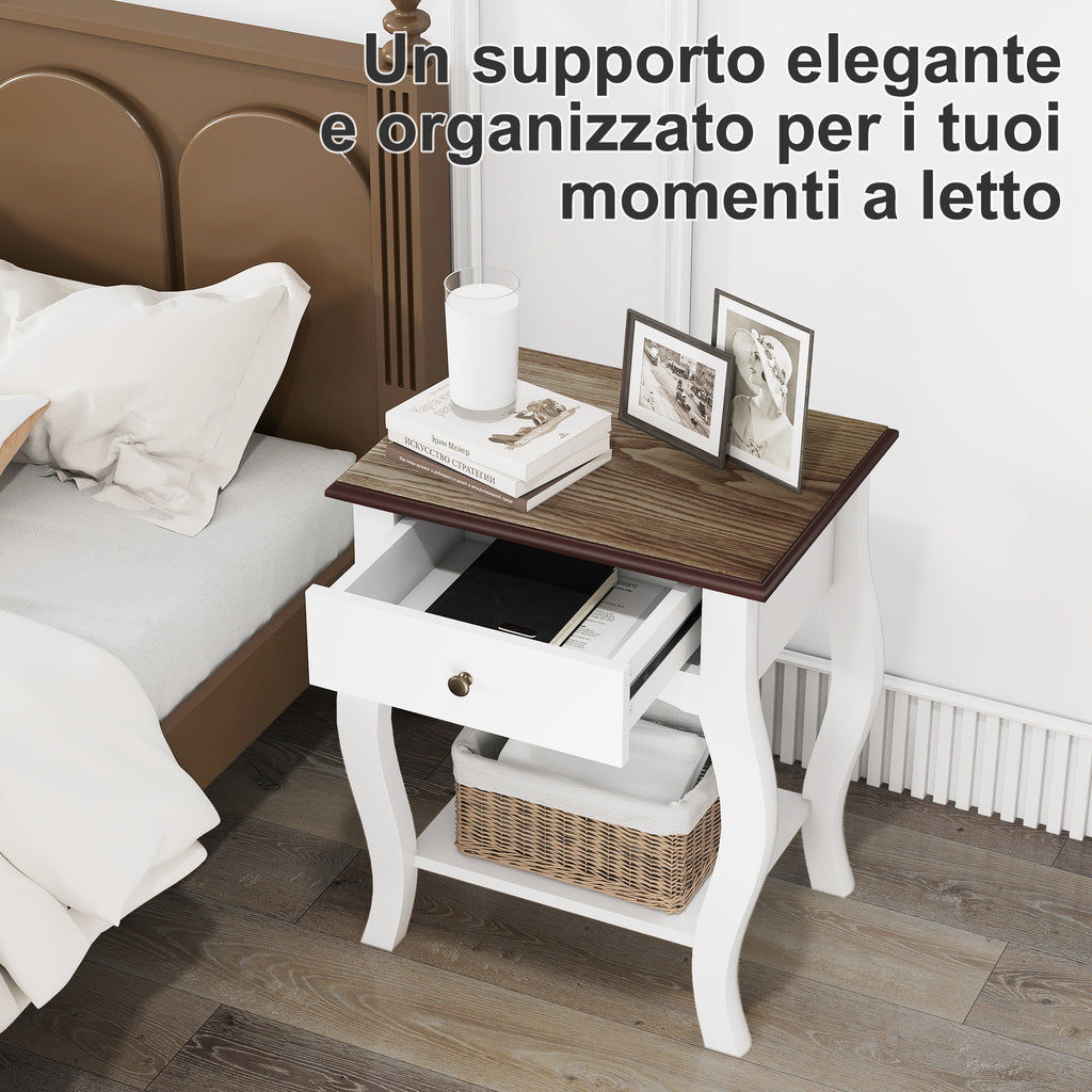 French Style Wooden Nightstand with Drawer and Open Shelf, 45x35x55 cm, White and Oak
