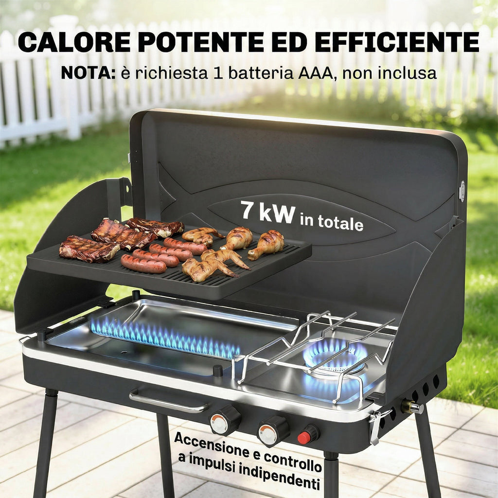 Outsunny 2-in-1 Portable Propane Gas BBQ with Grill and Stove, 7KW, Black