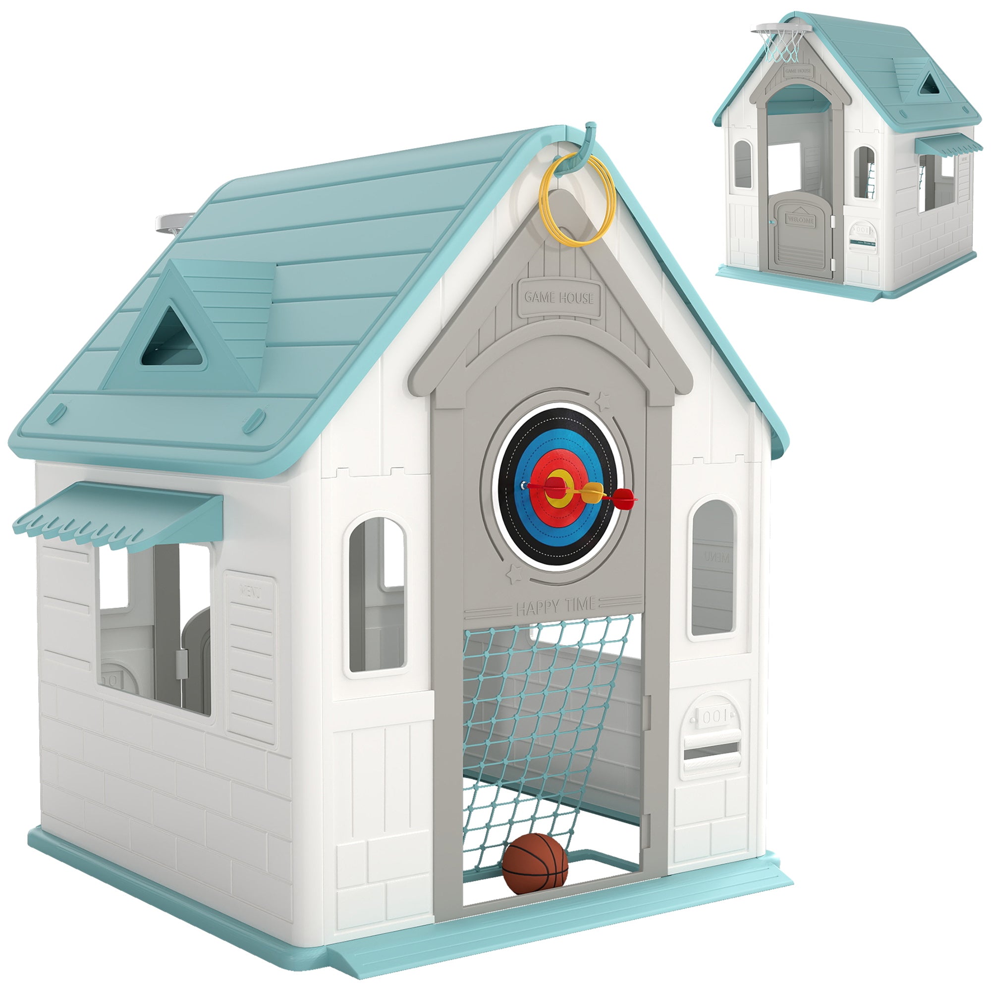 5-in-1 Children's Playhouse in Multi-Color PP with Basketball, Rings and Darts, 132x118x124 cm