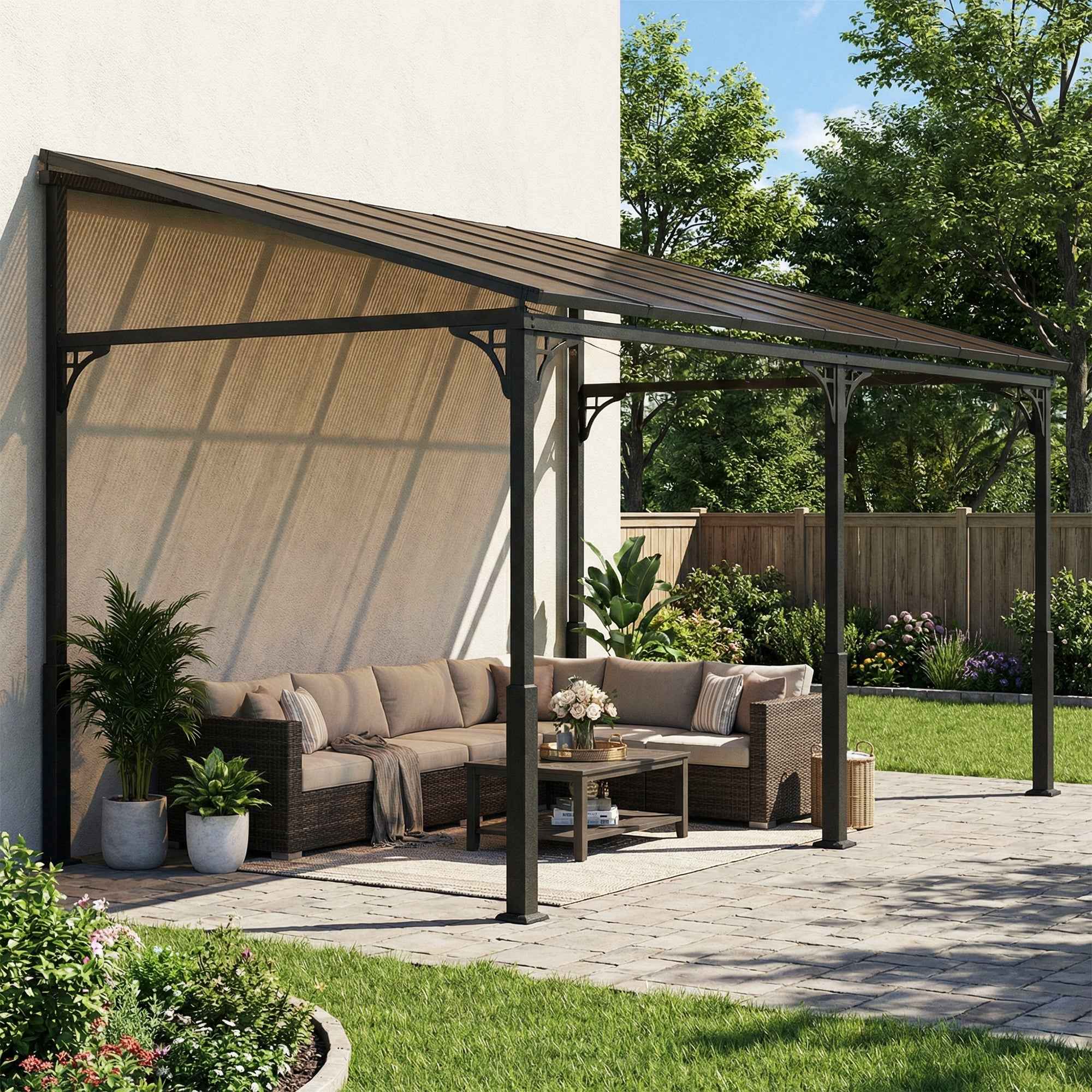 Outsunny 4x3 m Lean-to Pergola with Polycarbonate, Metal, and Aluminum Roof with Screws, Brown