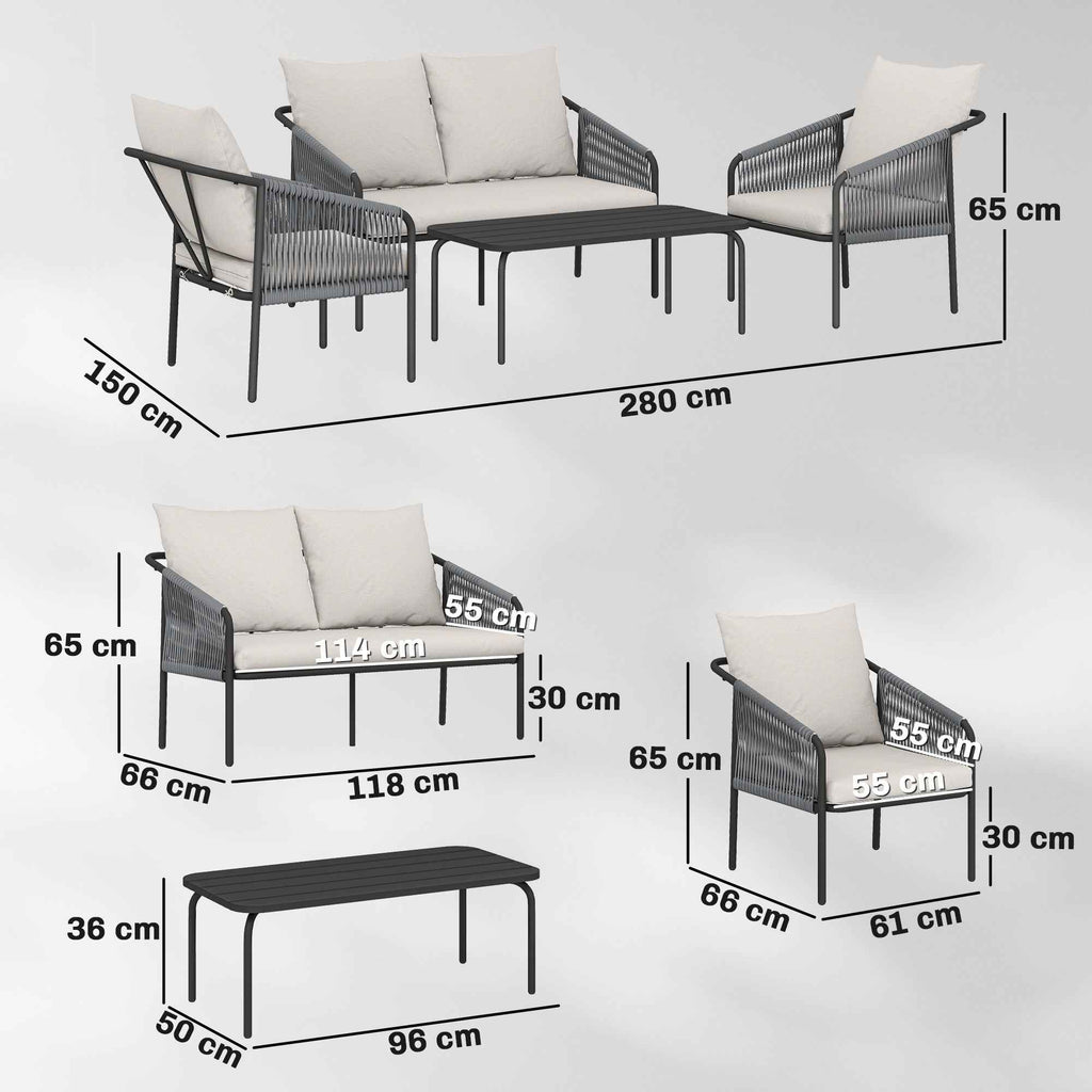Outsunny 4-Piece Rattan Garden Set with Sofa, Armchairs, and Table, Khaki
