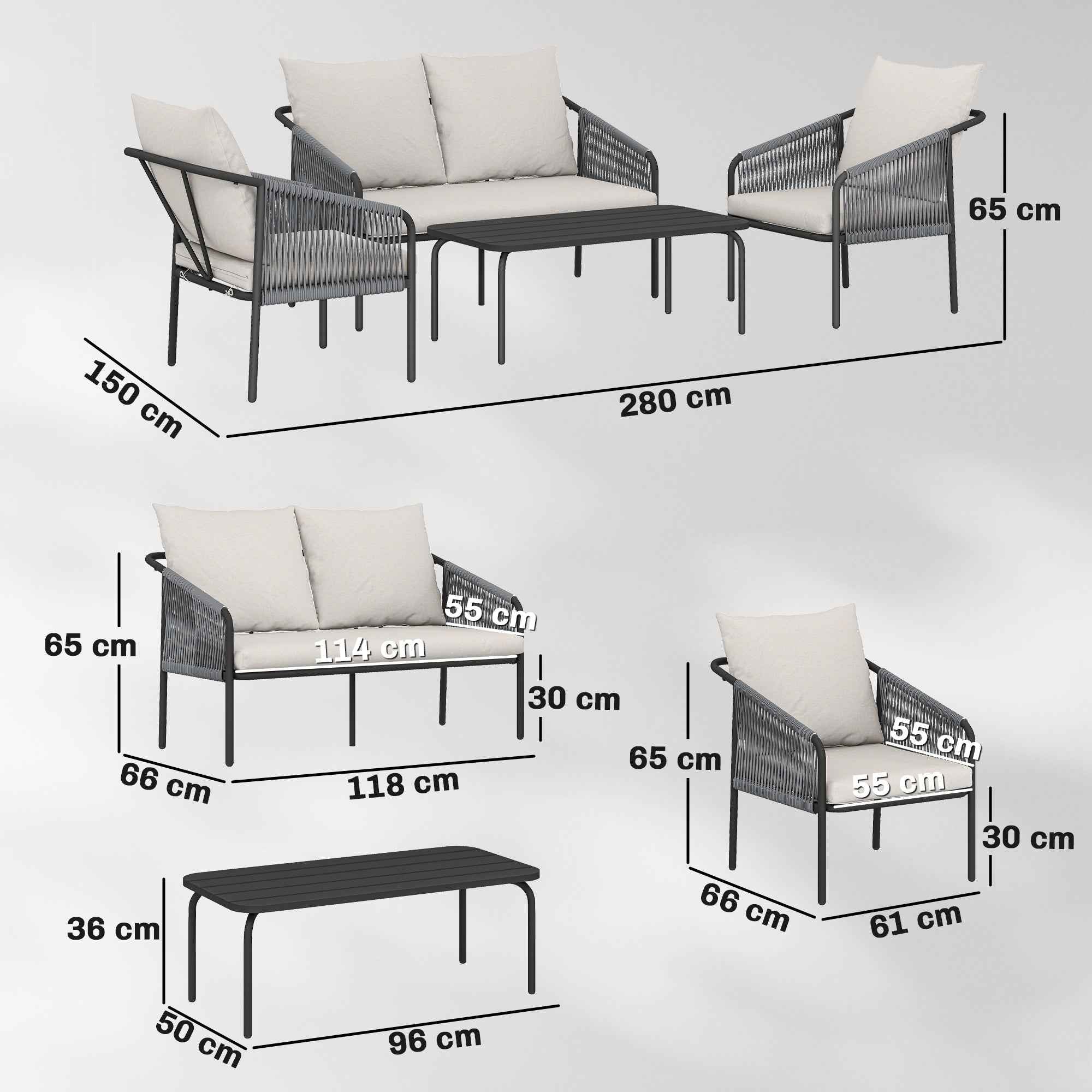Outsunny 4-Piece Rattan Garden Set with Sofa, Armchairs, and Table, Khaki