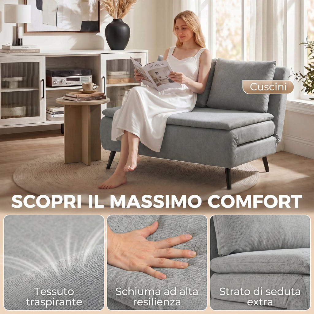 HOMCOM 3-in-1 2-Seater Sofa Bed in Linen Effect Fabric with 2 Cushions, Wood and Steel Frame, Light Grey
