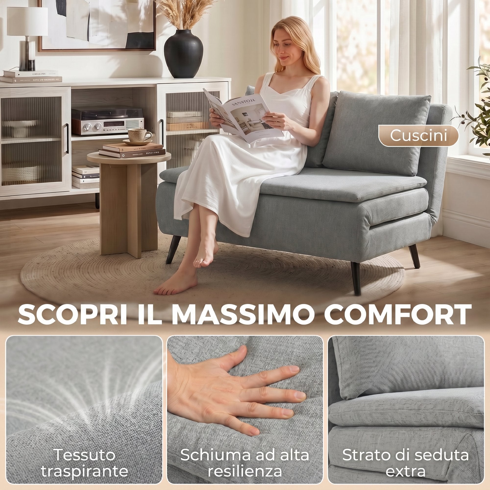 HOMCOM 3-in-1 2-Seater Sofa Bed in Linen Effect Fabric with 2 Cushions, Wood and Steel Frame, Light Grey
