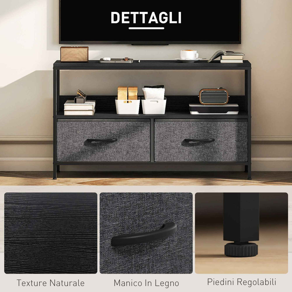 HOMCOM 47" TV Stand with Folding Fabric Drawers and Metal and MDF Shelf, 98x29x56 cm, Black