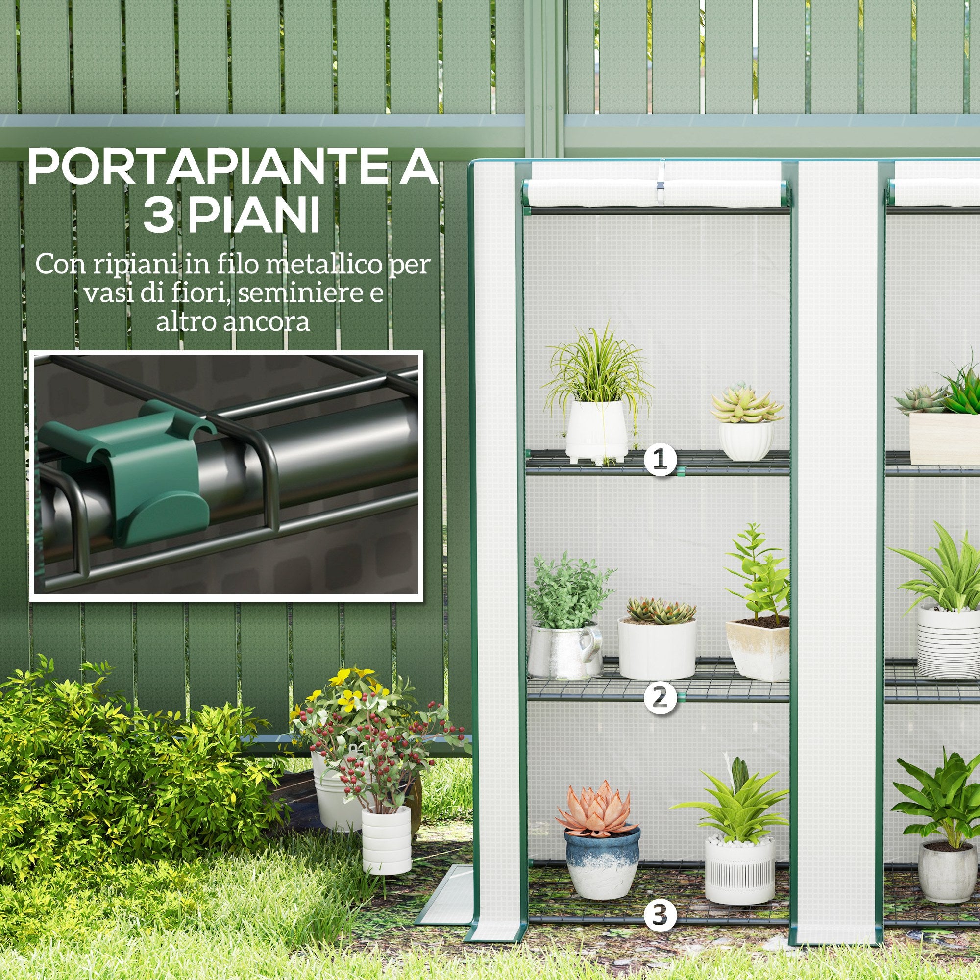 Outsunny Garden Greenhouse with 2 Roll-Up Doors, 3-Tier Shelving and Side Pockets, White and Green