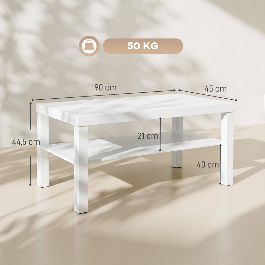 HOMCOM Rectangular Coffee Table with Large Shelf, 90×45×44.5 cm, White