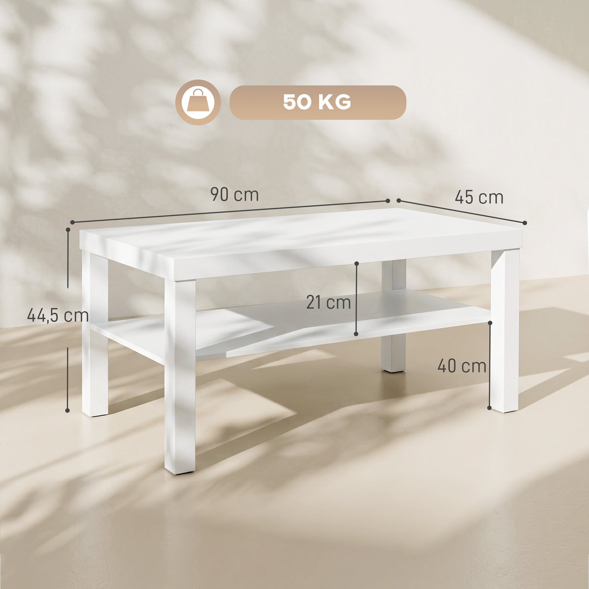 HOMCOM Rectangular Coffee Table with Large Shelf, 90×45×44.5 cm, White