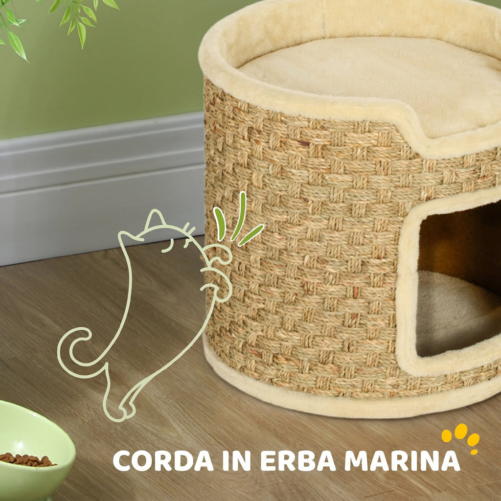 PawHut 37cm High, 2-Tier Cat Tree with Nest and Sisal Rope, Up to 5kg, Khaki