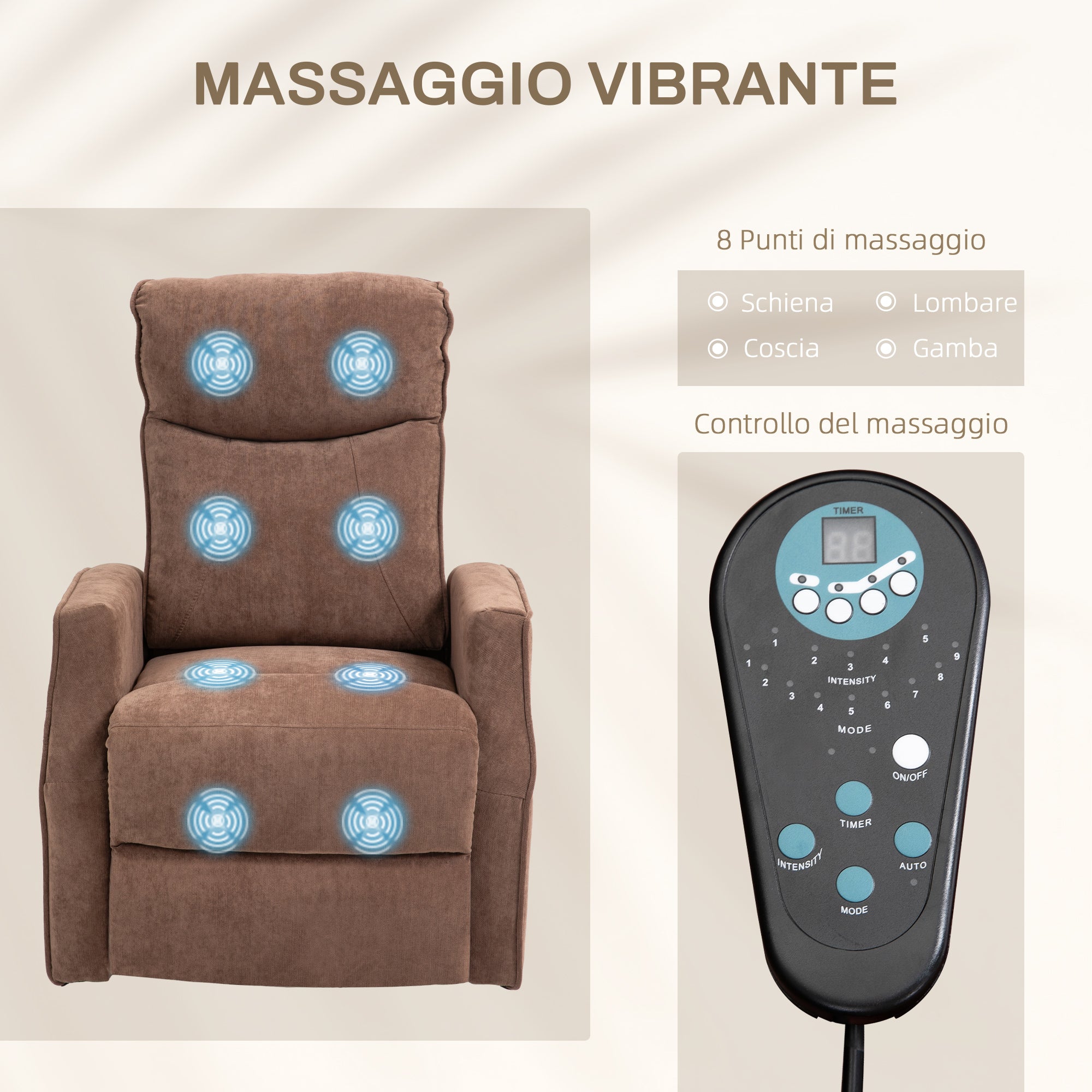 Lift Relax Chair with 8 Massage Points, 135° Reclining and 2 Remote Controls, Brown