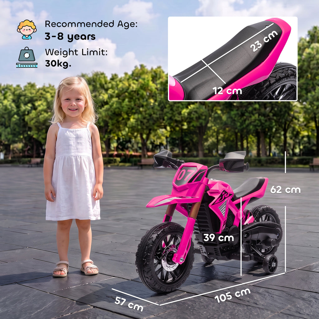 AIYAPLAY Electric Motorcycle for Kids Ages 3-8 with 12V Dual Motors, Training Wheels and Horn, 3 km/h, 30kg Capacity, Pink