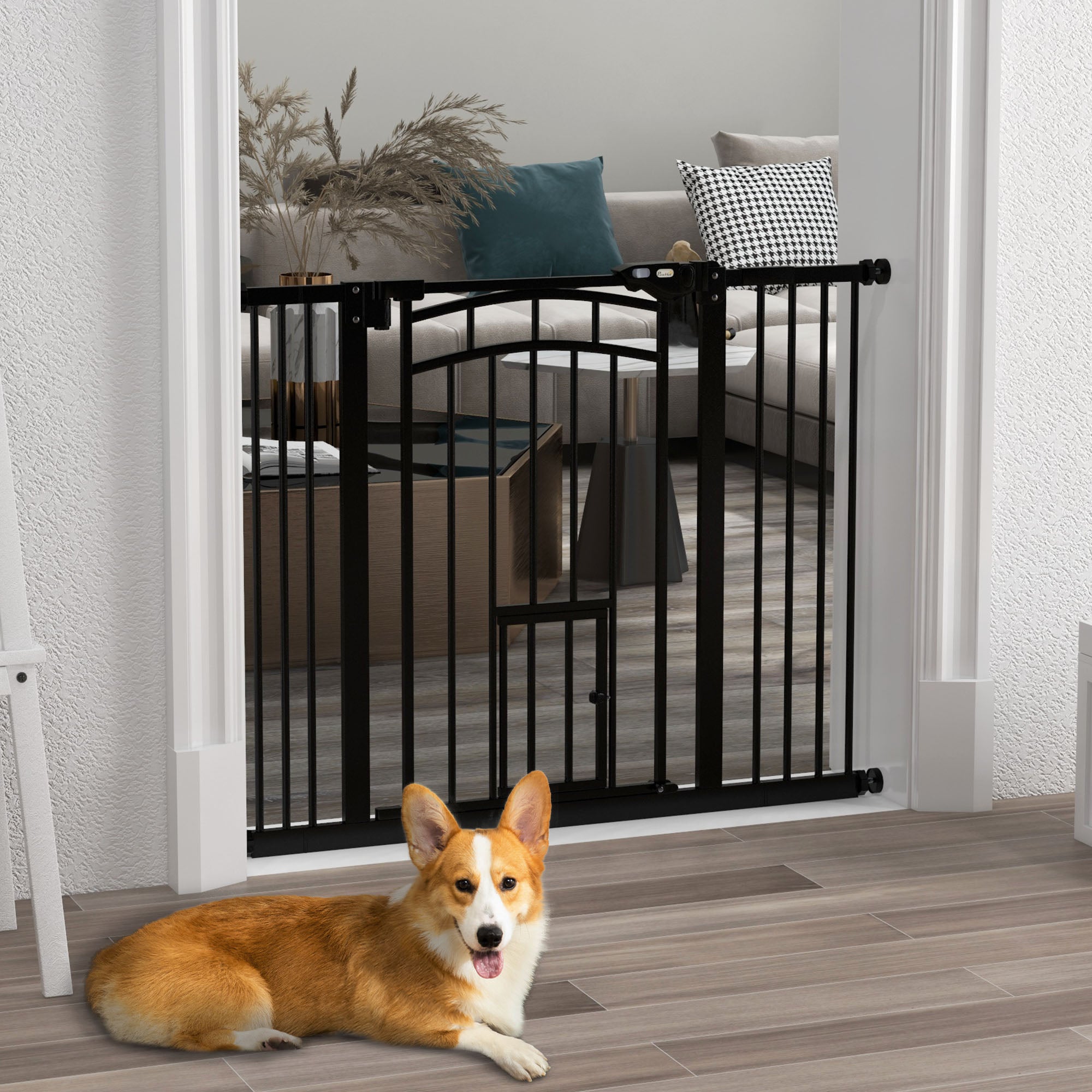 Dog Gate for Small and Medium Sizes with Automatic Closing, in Steel and PA, 74-100x76 cm, Black