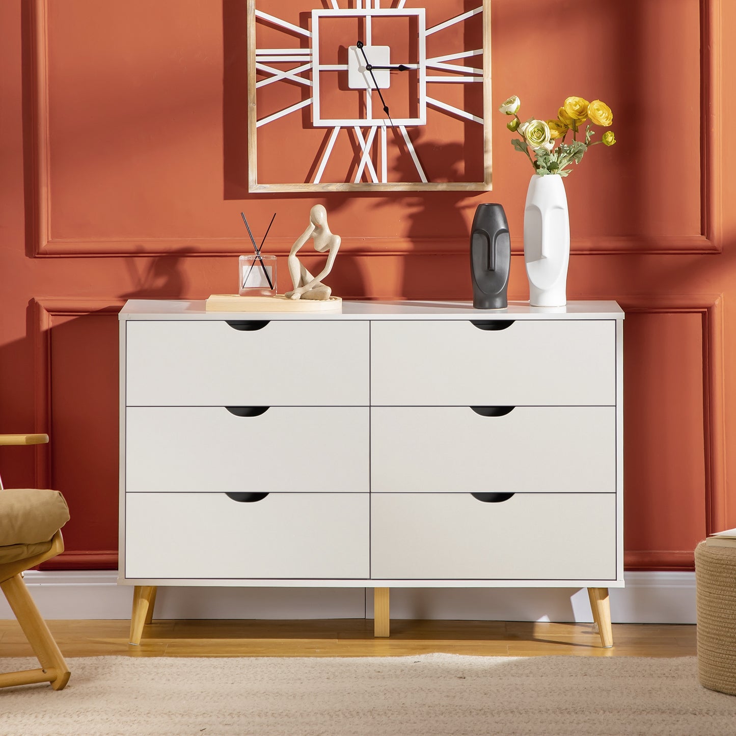 HOMCOM Chest of 6 Drawers with Laminate Handles, in Pine Wood, 120x40x76 cm, White and Wood Color - Borgè